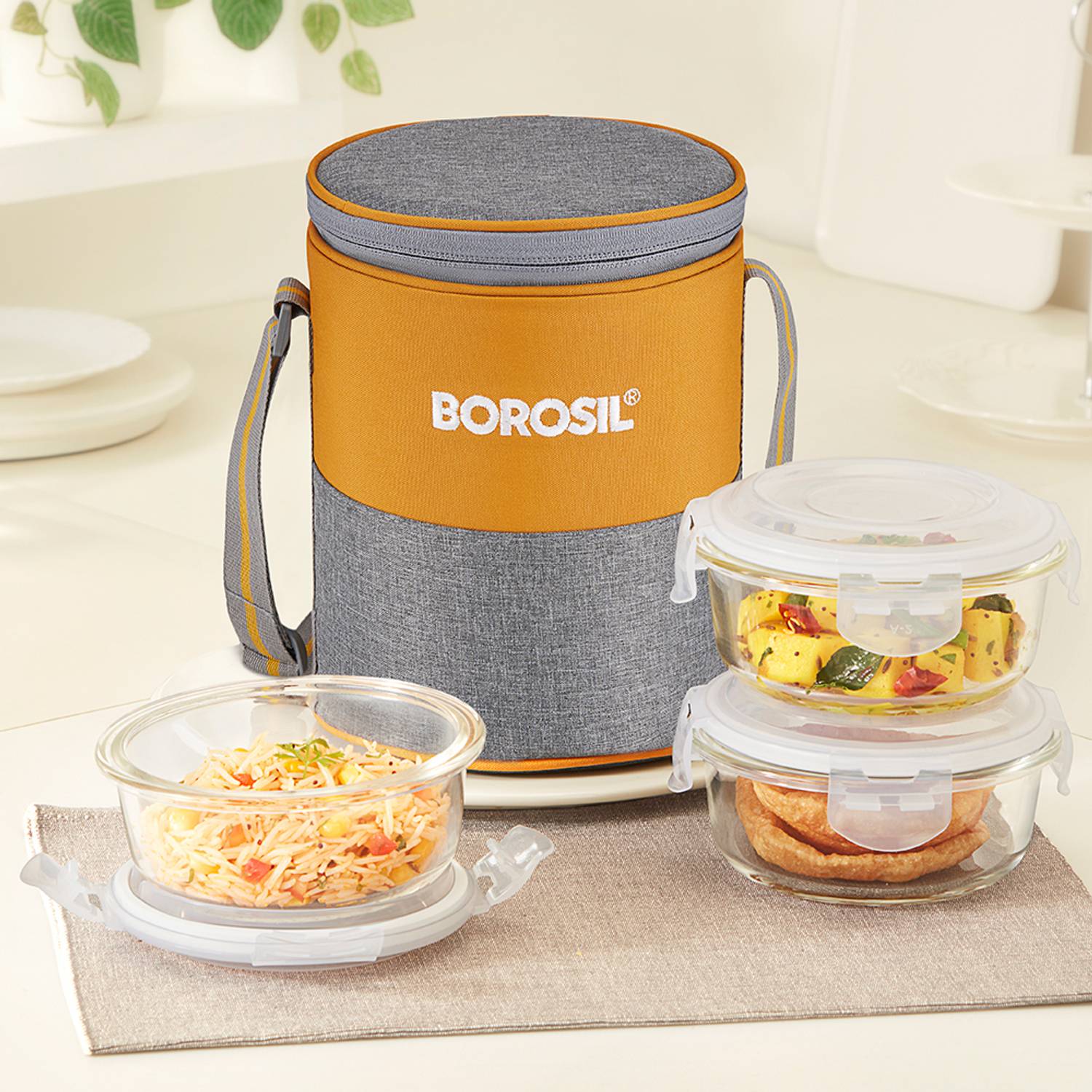 BOROSIL Zest Borosilicate Glass Lunchbox, 3pc Square Set (400ml Each), Office Tiffin Box 3 Containers Glass Office Lunch Box