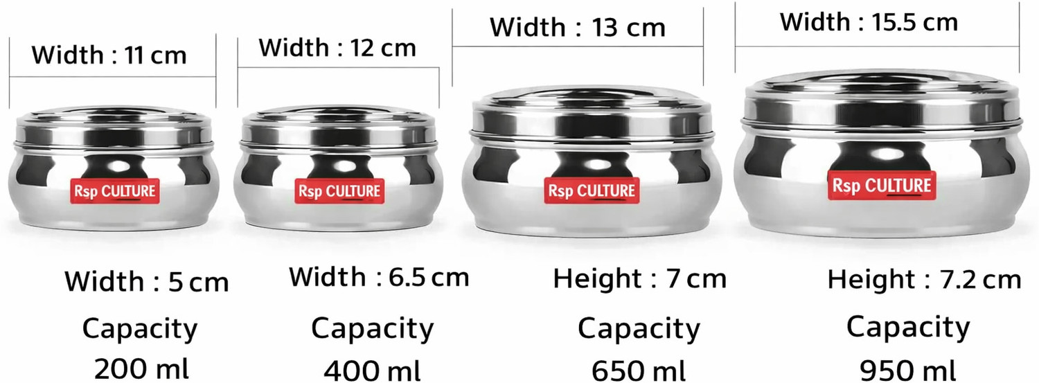 Image of RSP Culture Stainless steel utlity Container 200 ml, 400ml, 650ml,950ml set of 4 Containers Stainless Steel School Lunch Box (1300 ml)
