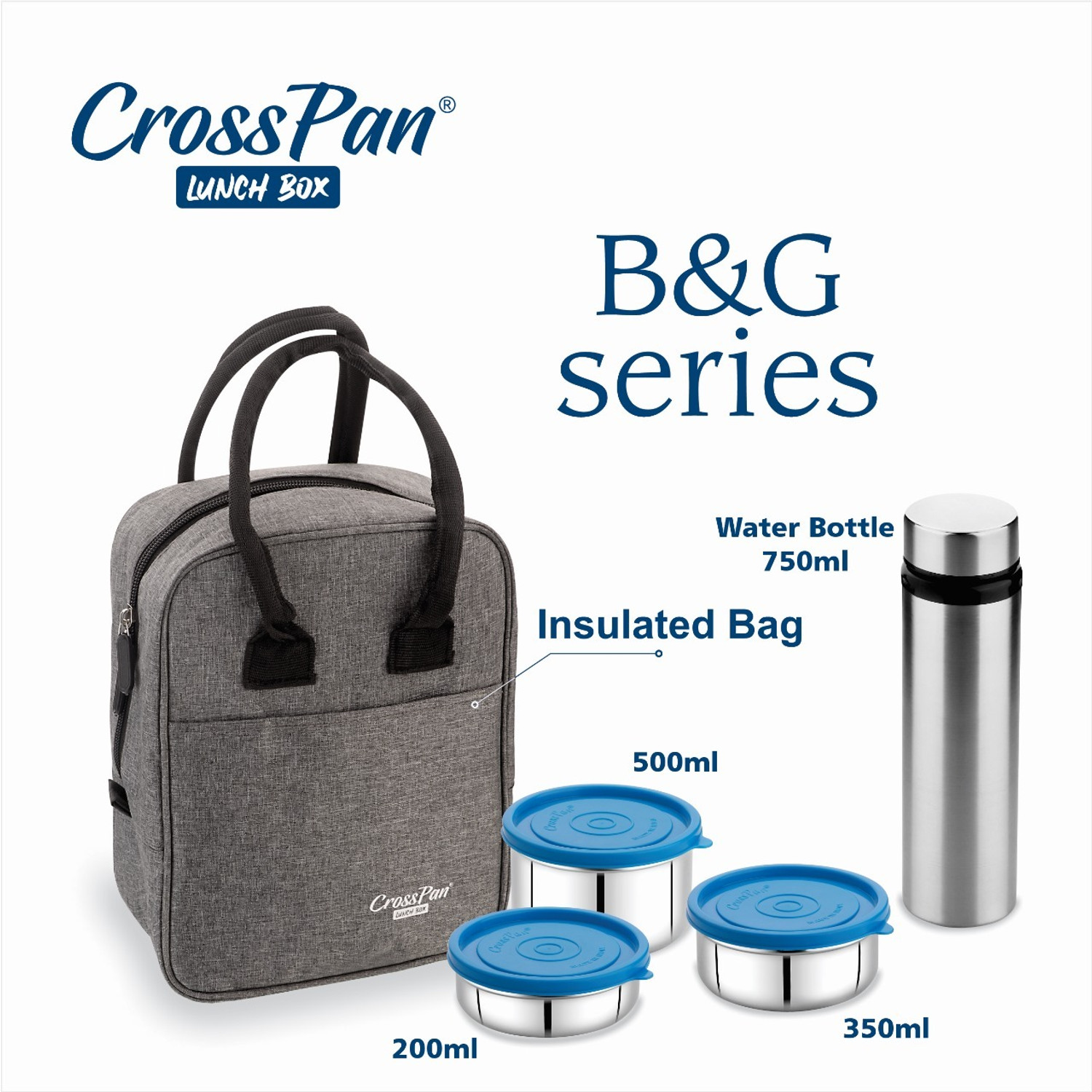 Image of CrossPan B&G Lunch Bag with 3 Containers(200ml+350ml+500ml) with 750 ml SS Water Bottle 3 Containers Stainless Steel Office Lunch Box