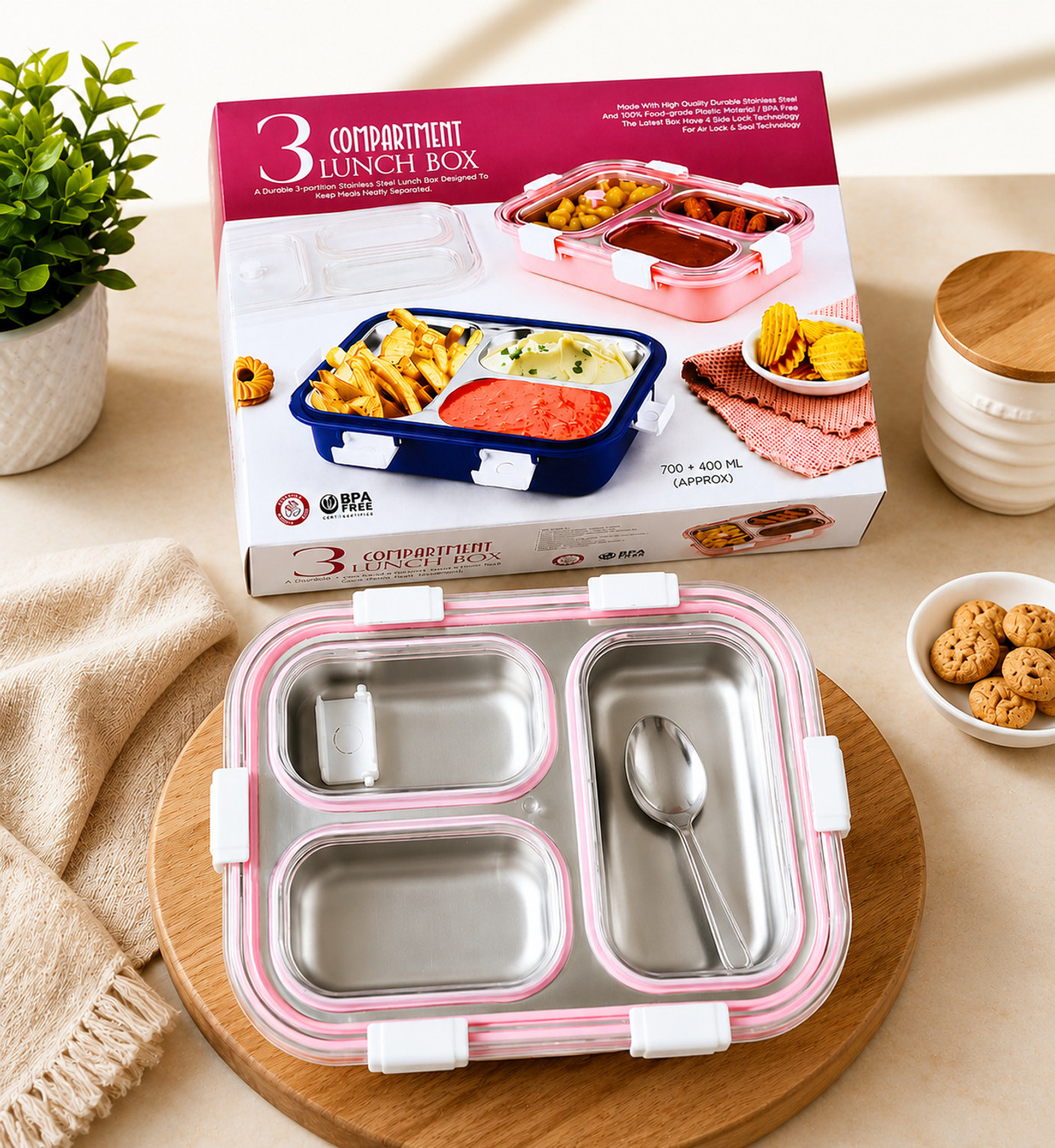 Image of HKC HOUSE Leak Proof with 1 Spoon 3 Containers Stainless Steel, Plastic School Lunch Box