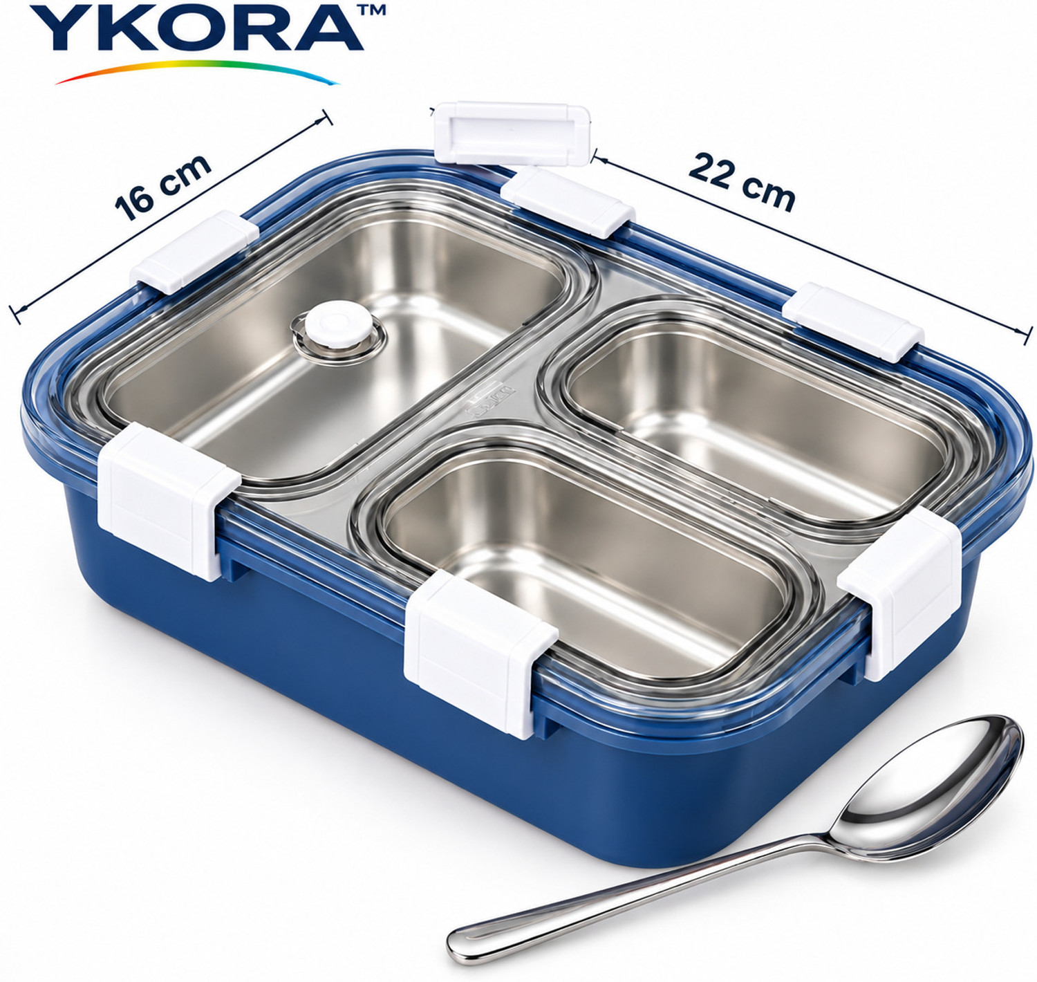 Image of YKORA 3-COMPARTMENT STAINLESS STEEL LUNCH BOX 700+400ML 3 Containers Plastic, Stainless Steel School Lunch Box (1100 ml)