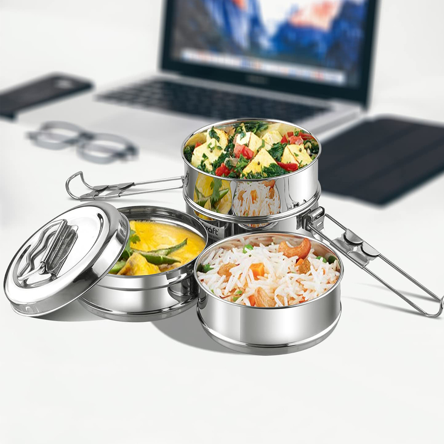 Image of IDEAL PRIME Leak Proof Stainless Steel 4 Compartment Clip Lock Lunch Box 2000 ml 4 Containers Stainless Steel Office Lunch Box