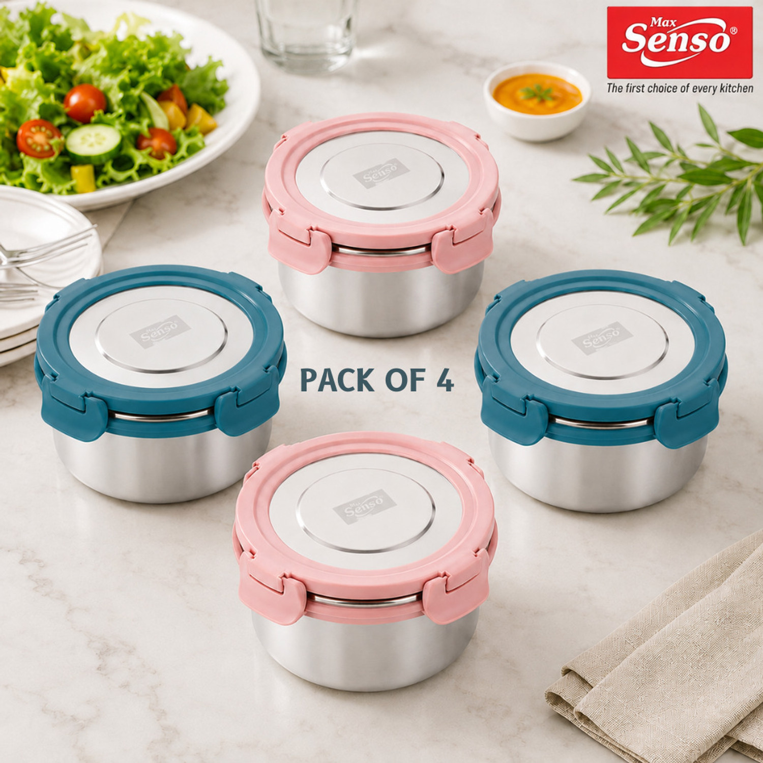 Image of Max Senso Apolo Stainless Steel Lunch Box Pack of 2 with Airtight & Leak Proof Containers 4 Containers Stainless Steel, Plastic Office Lunch Box