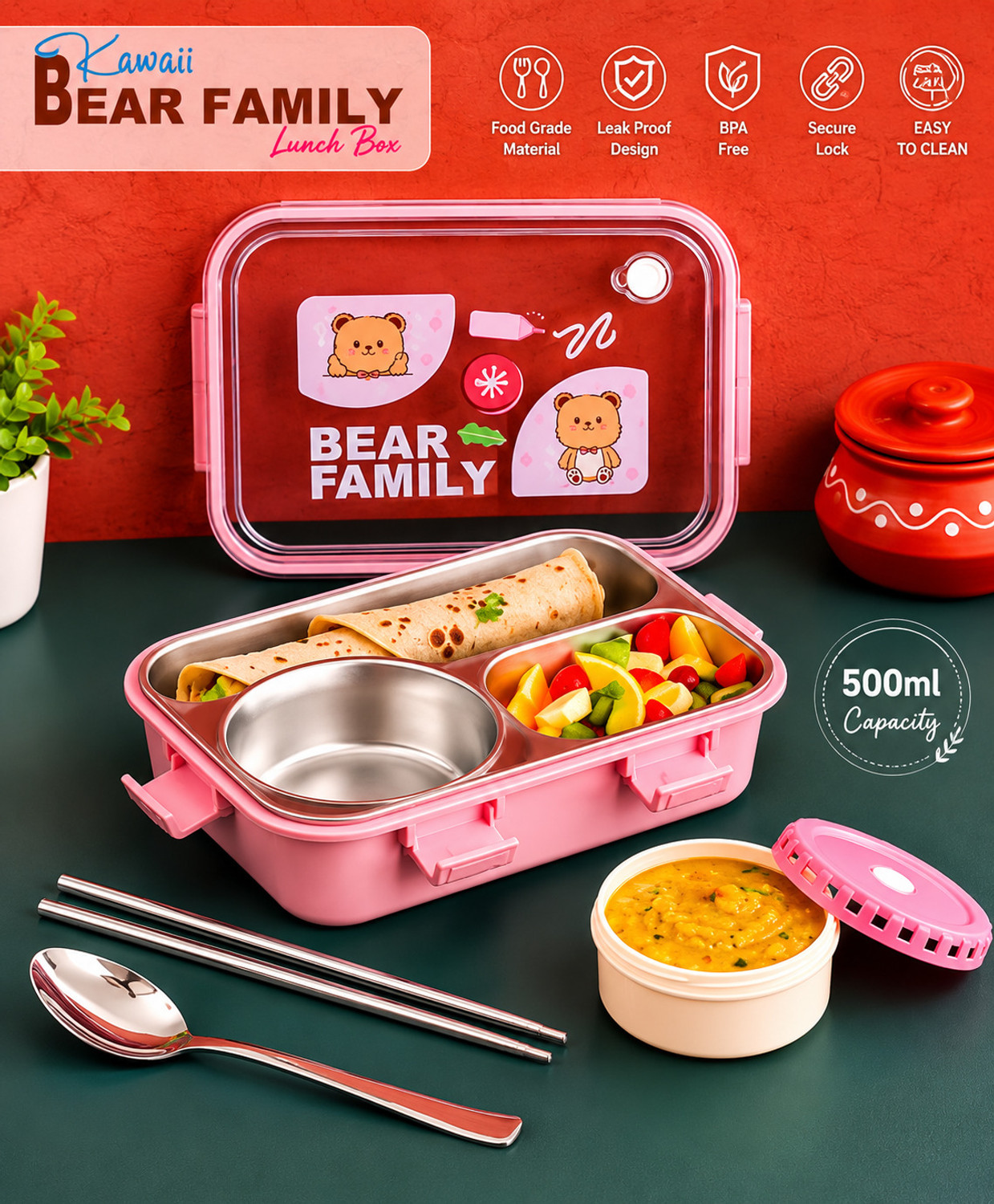 Image of Pretty Pearl Kawaii Bear Family Steel Lunch Box Spoon & Chopsticks 3 Containers Stainless Steel School Lunch Box