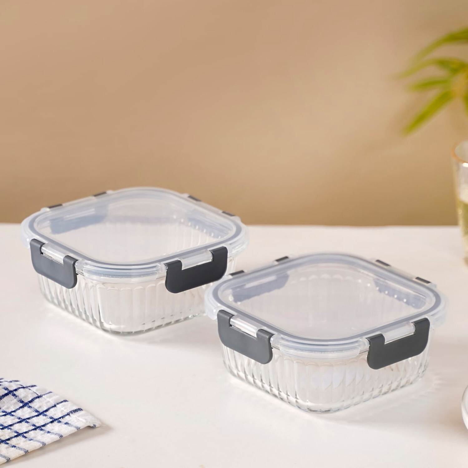 Image of Nestasia Microwave Safe Glass Food Storage Box Set 2 Containers Glass Office Lunch Box