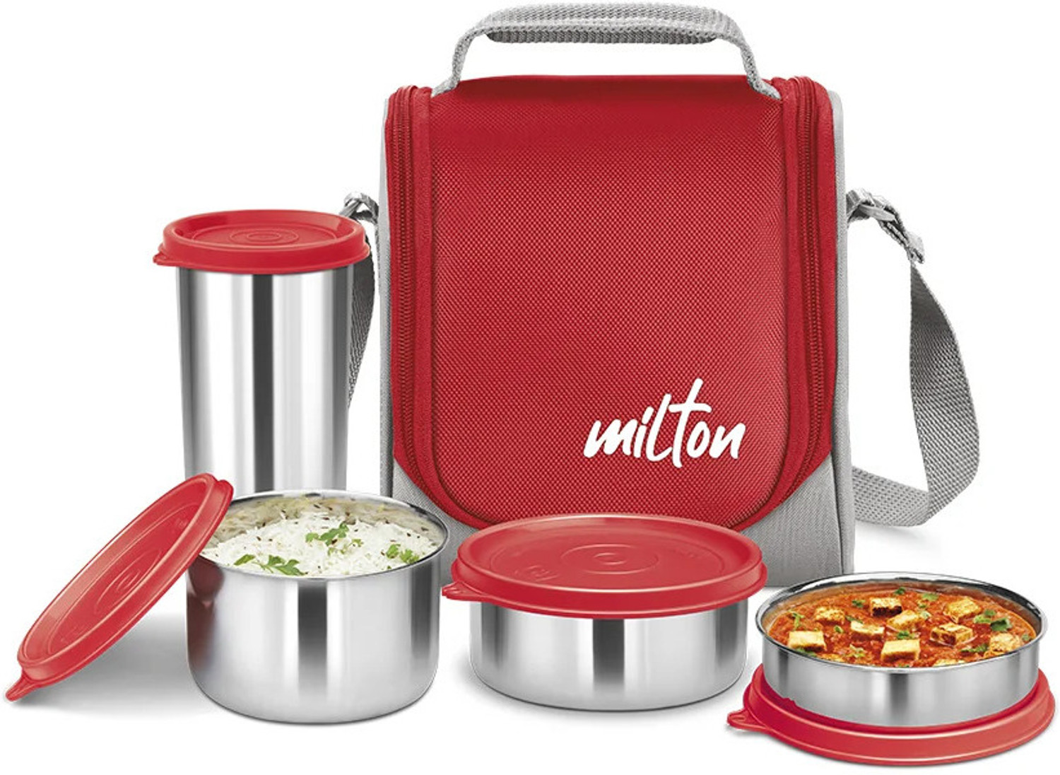 Image of MILTON Tasty 3 Combo Lunch Box with Insulated Fabric Jacket 3 Containers Stainless Steel Office Lunch Box