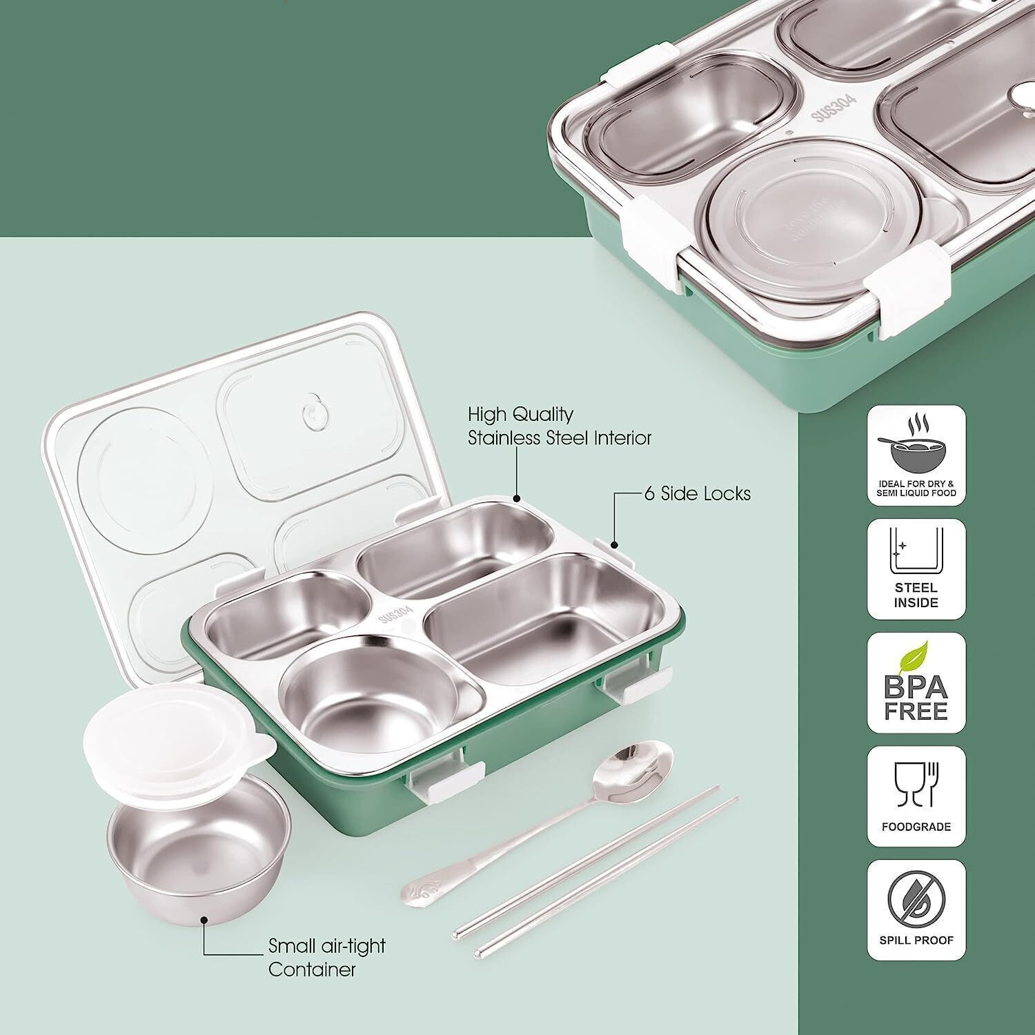 Image of RBGIIT forKidswithSpoonStainlessSteelBoxwith4Compartment 1 Containers Stainless Steel Office Lunch Box
