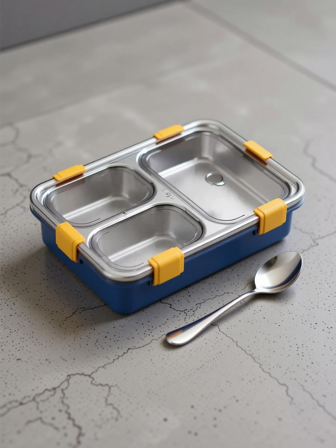 Image of plizzo kitchenware 3 Compartment Stainless Steel Lunch Box, Leakage Proof Lunch Box For School 3 Containers Stainless Steel, Polypropylene School Lunch Box