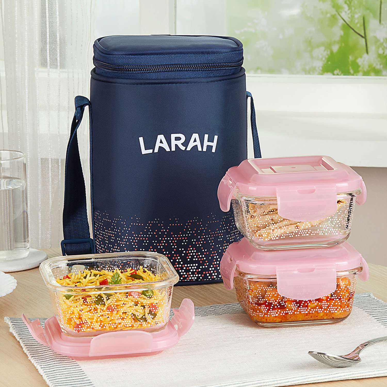 Image of Larah by Borosil Speckle Pink Borosilicate Glass Lunchbox, 3pc Square Set (320ml x 3) Tiffin 3 Containers Glass Office Lunch Box