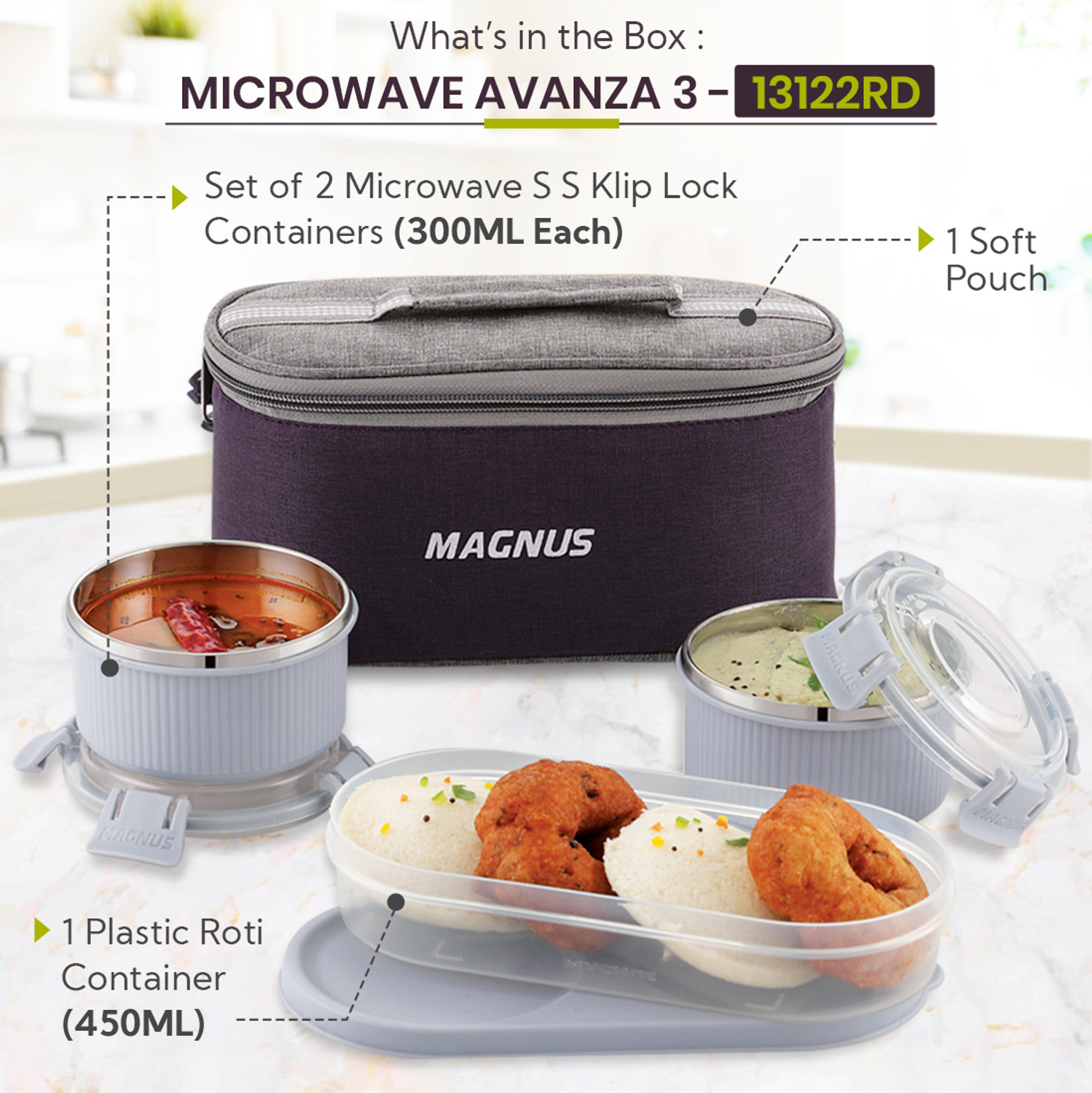 Image of Magnus Microwave Avanza 3 - Stainless Steel Lunch box 3 Containers Stainless Steel Office Lunch Box