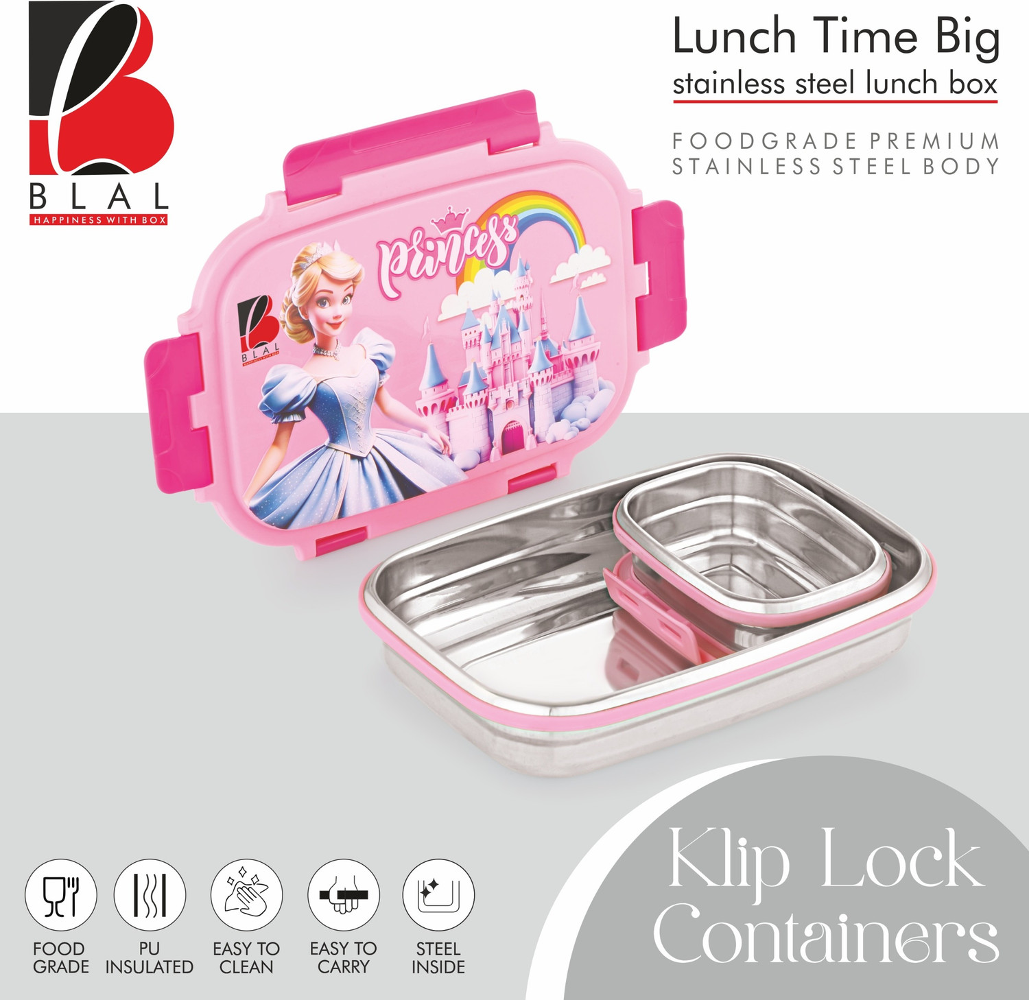 Image of BLAL PrincePink-001 2 Containers Stainless Steel College Lunch Box