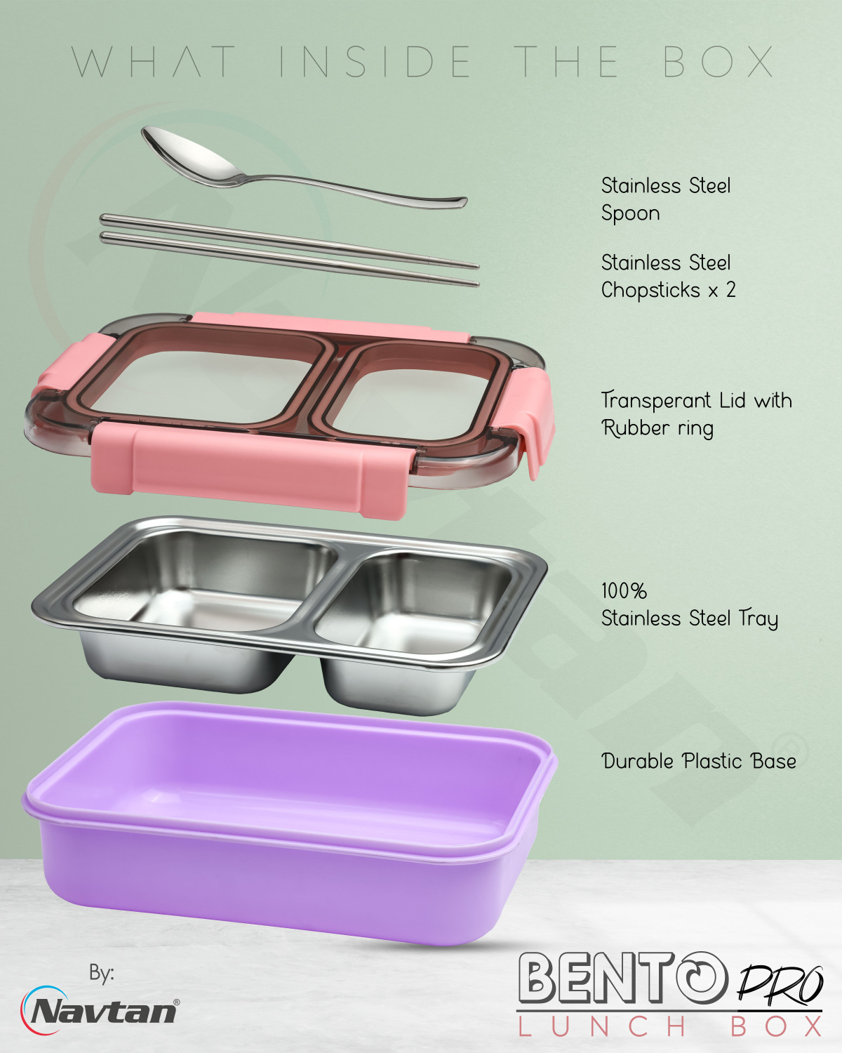 Image of NAVTAN Bento Pro 2 Section Lunch Box | Stainless Steel | Air Tight | Spoon & Chopsticks 2 Containers Stainless Steel College Lunch Box