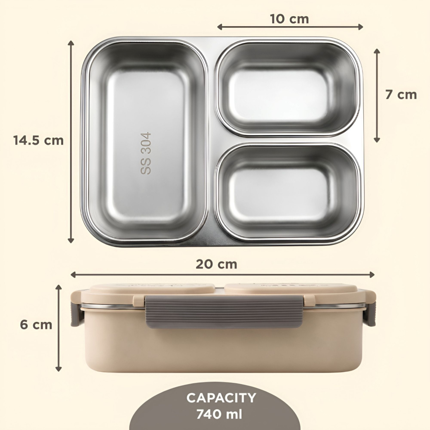 Image of Allo Bento Stainless Steel Lunch Box for Kids BIS Approved, 3 Compartment Leakproof 1 Containers Stainless Steel School Lunch Box