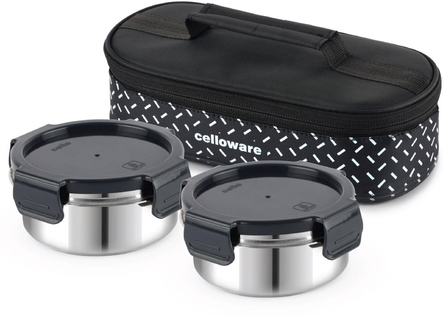 cello MF Freshpro Stainless Steel Set of 2 x 300ml Round Containers with Bag, Black 2 Containers Stainless Steel Office Lunch Box — Lunch Boxes & Tiffins