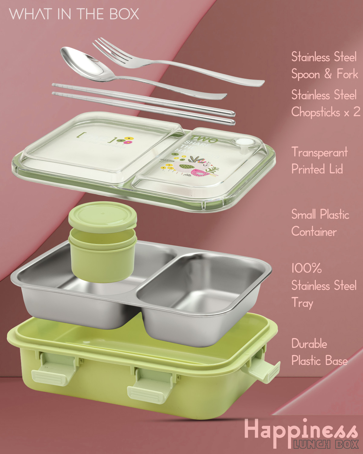 Image of NAVTAN Happiness Bento 2 Section Stainless Steel Lunch Box With Spoon & Chopsticks 2 Containers Stainless Steel Office Lunch Box