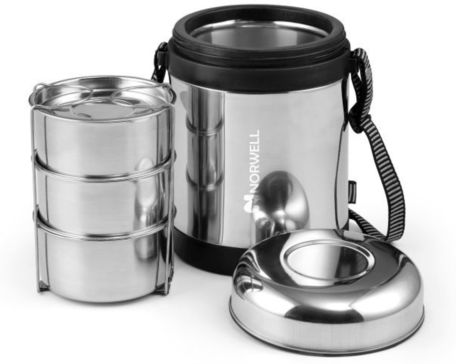 Image of NORWELL Steel lid, PUF Insulated 3 Containers Stainless Steel Office Lunch Box (750 ml)
