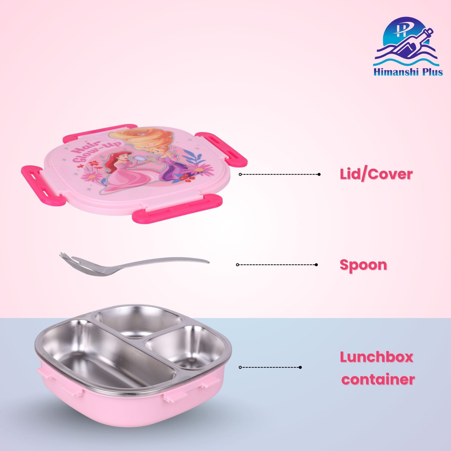 Image of Himanshi Plus Kids Princess Stainless Steel Lunch Box with Spoon | 3 Compartment Tiffin 3 Containers Stainless Steel School Lunch Box