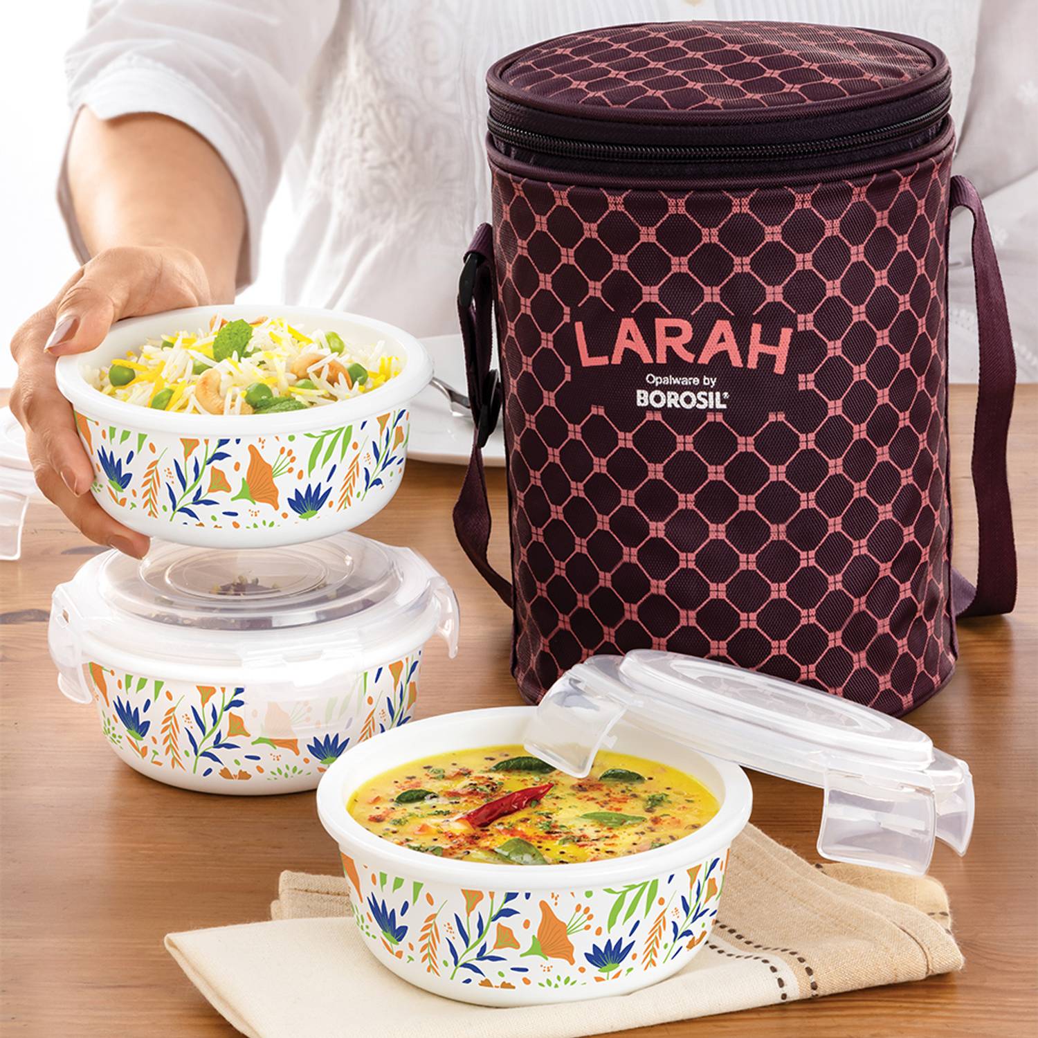 Larah by Borosil Zva Navy Opalware Lunch Box with Bag, Unisex Lunch box for Office, School 3 Containers Opalware Office Lunch Box