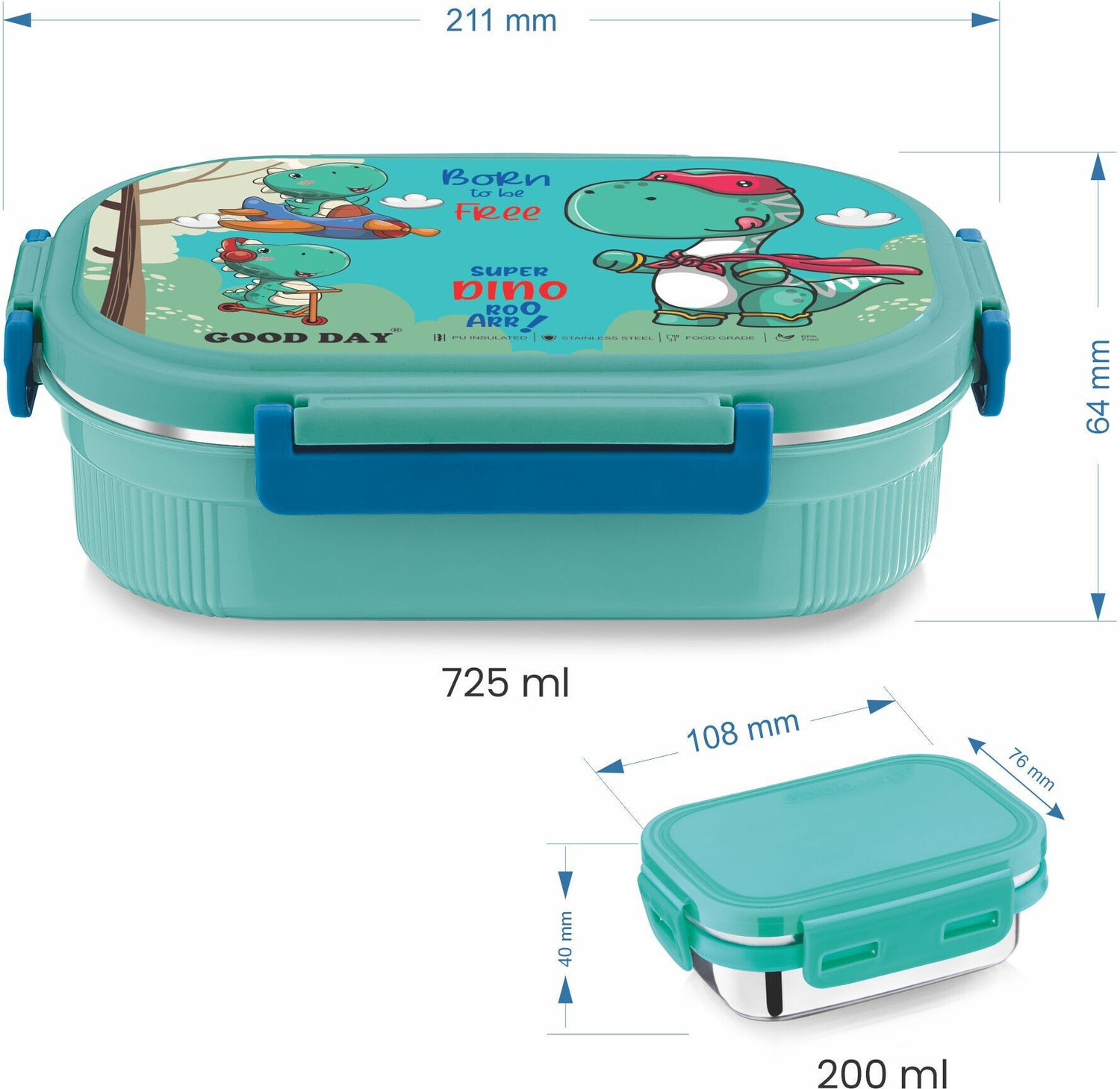 Image of Good Day Berlin Kids Outer plastic inner steel tiffin 2 Containers Plastic School Lunch Box