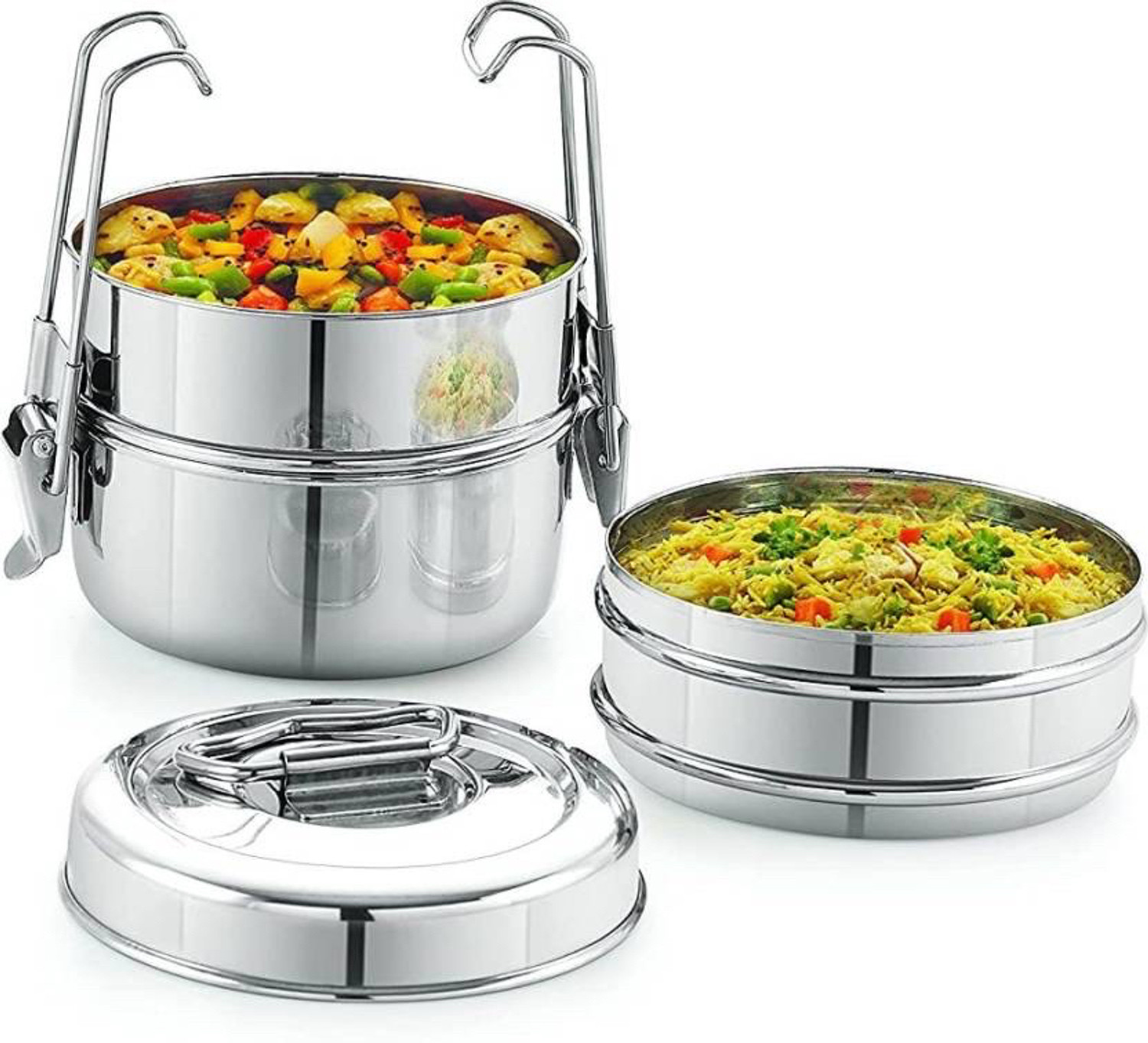 Image of Ambit Stainless Steel Clipper Tiffin Lunch Box 3 Compartment Size 8 /3 3 Containers Stainless Steel Office Lunch Box (1200 ml)