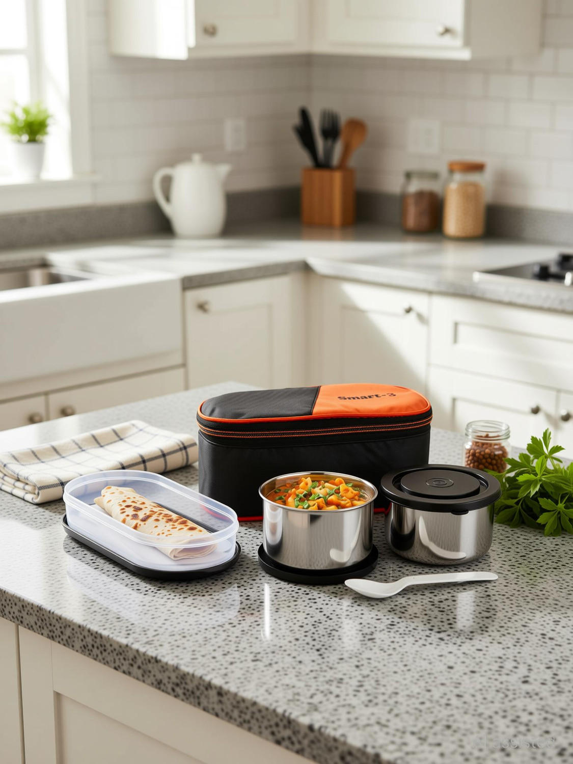 Image of TOFEE SMART-3 2 Inner Steel Containers with 1 plastic container 3 Containers Stainless Steel College Lunch Box