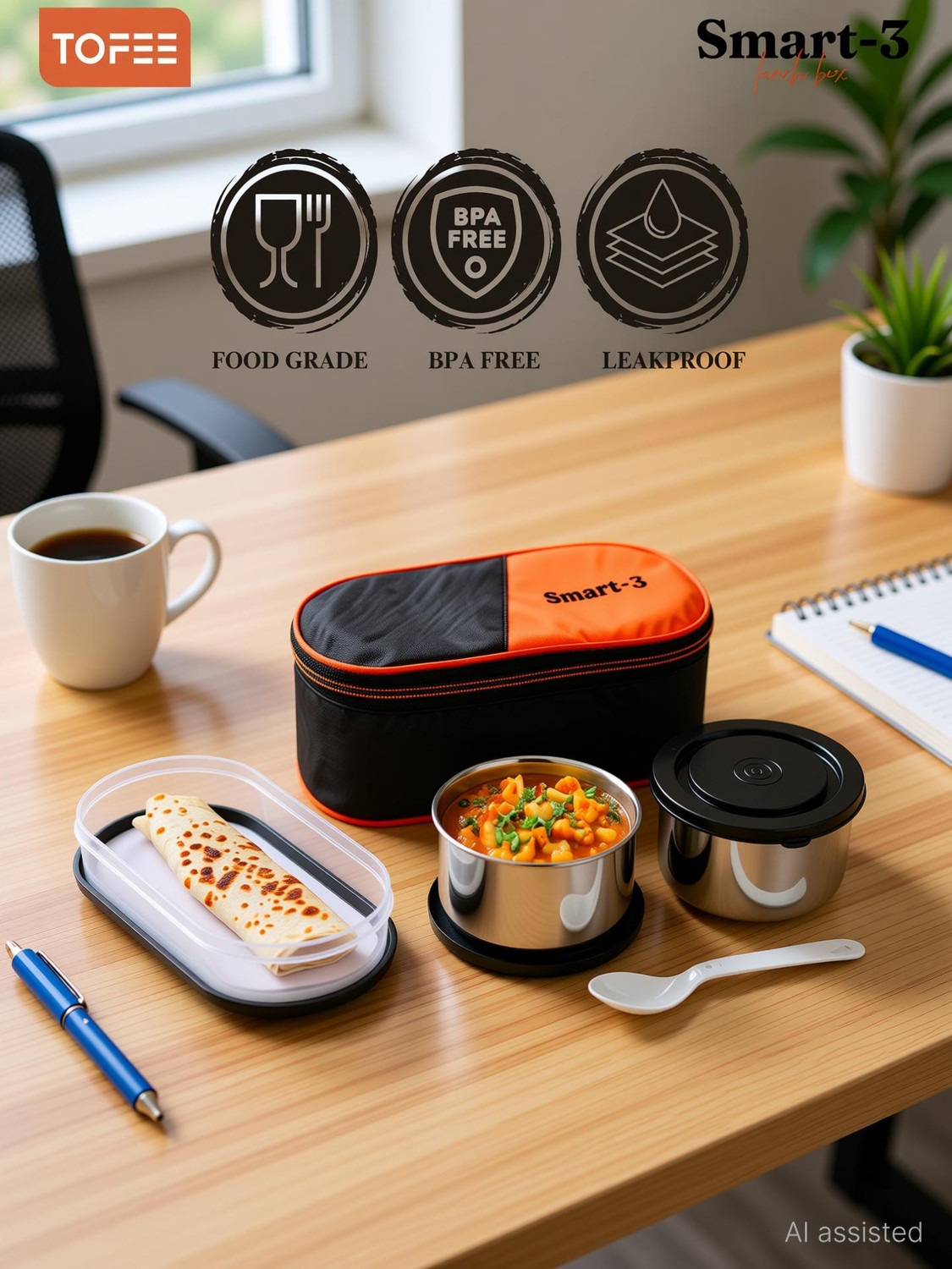 Image of TOFEE SMART-3 2 Inner Steel Containers with 1 plastic container 3 Containers Stainless Steel College Lunch Box