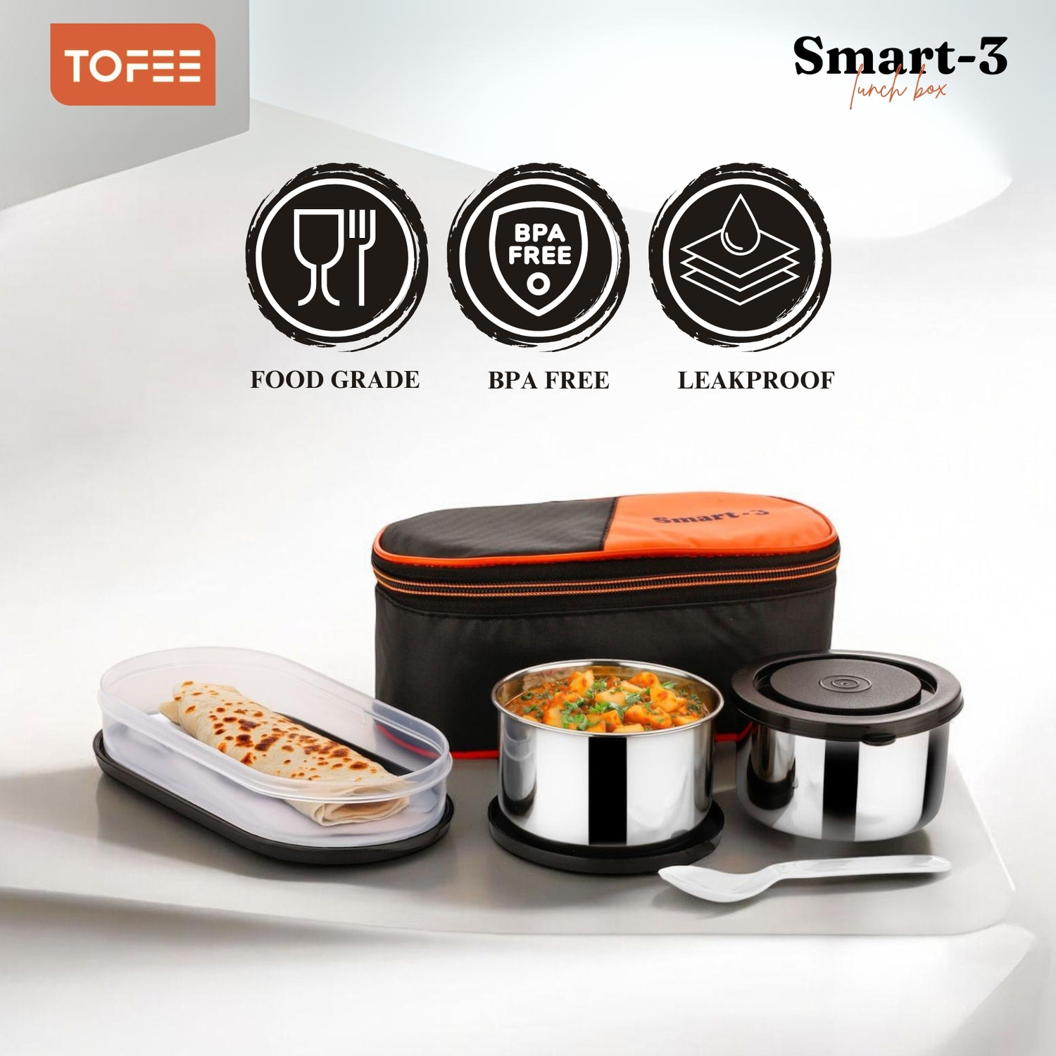 Image of TOFEE SMART-3 2 Inner Steel Containers with 1 plastic container 3 Containers Stainless Steel College Lunch Box