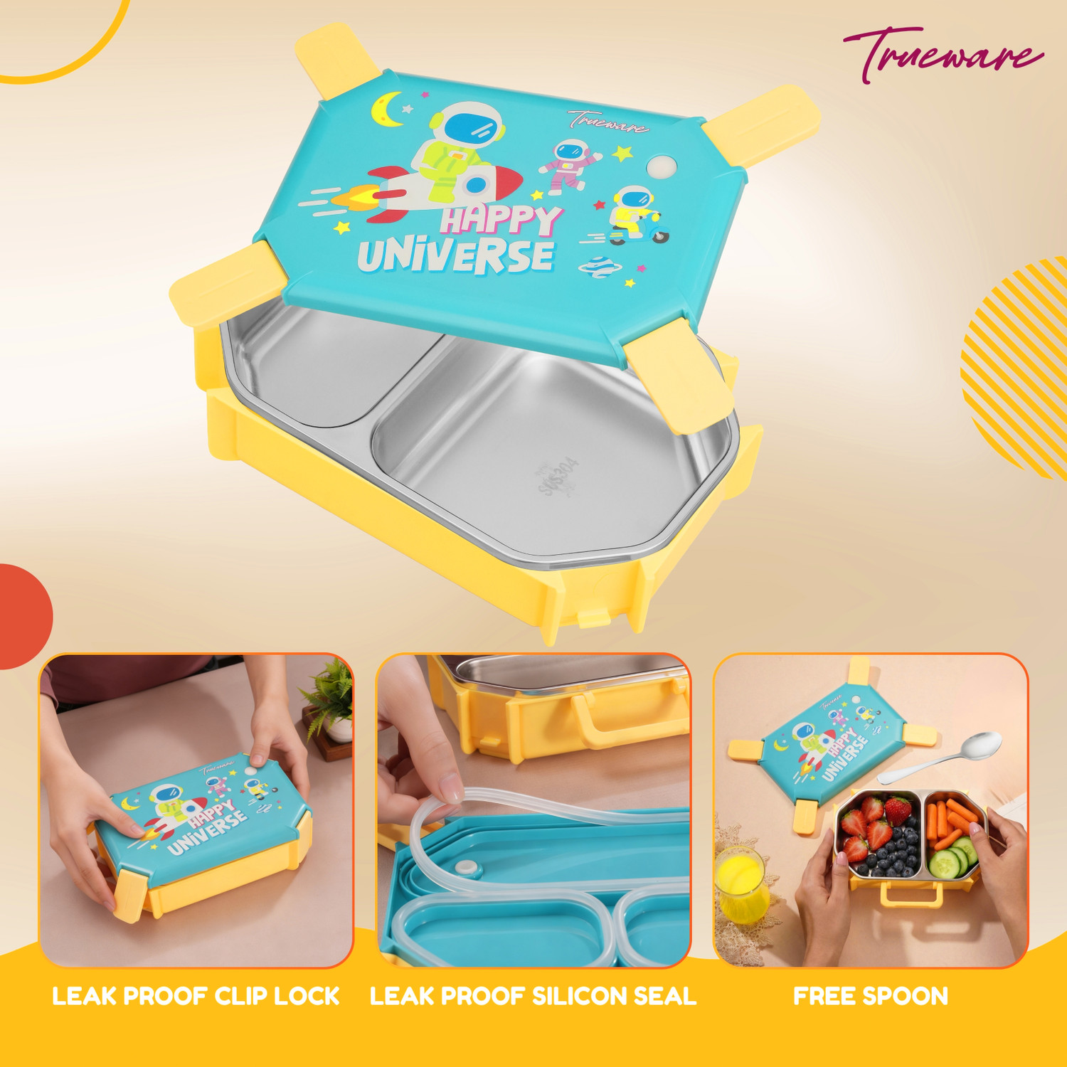 Image of Trueware Blossom 2 304 Stainless Steel PU Insulated Lunch Box with Two Compartment 580ML 2 Containers Stainless Steel, Plastic School Lunch Box