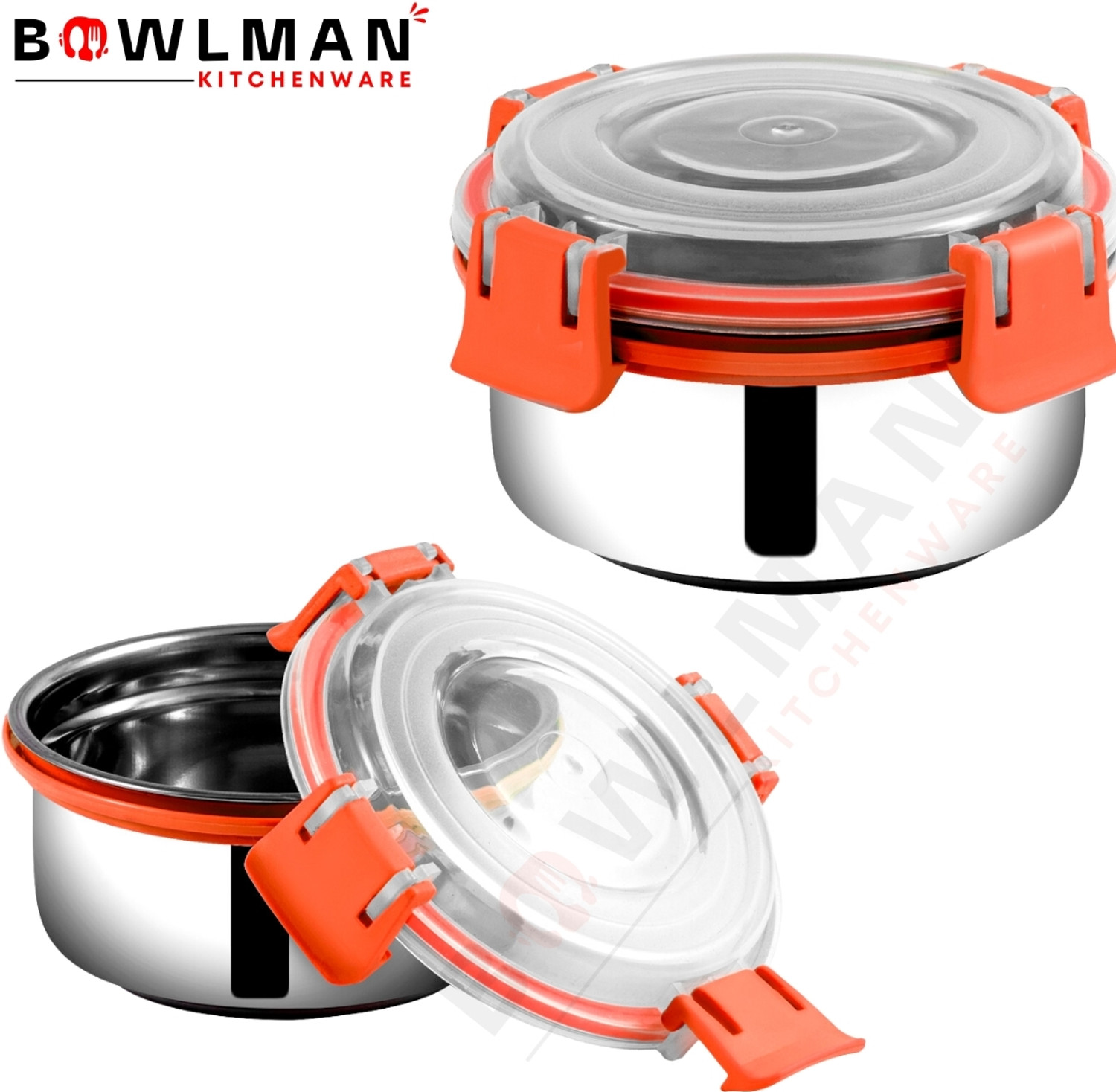 Image of BOWLMAN Lock n Lock Orange 2 Containers Stainless Steel School Lunch Box