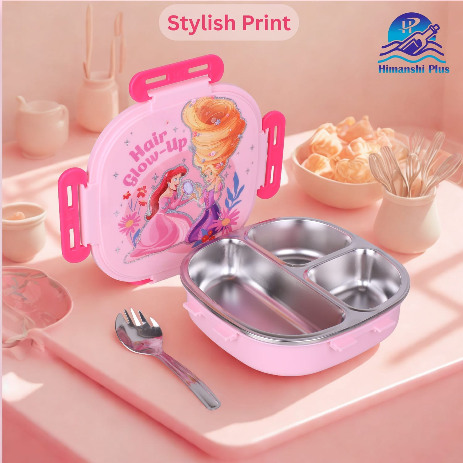 Image of Himanshi Plus Kids Princess Stainless Steel Lunch Box with Spoon | 3 Compartment Tiffin 3 Containers Stainless Steel School Lunch Box
