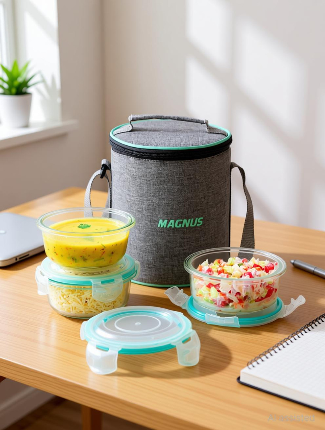 Image of Magnus Vivid Glass Lunch Box with Vertical Linen Pouch and Fixed Clip 3 Containers Glass Office Lunch Box