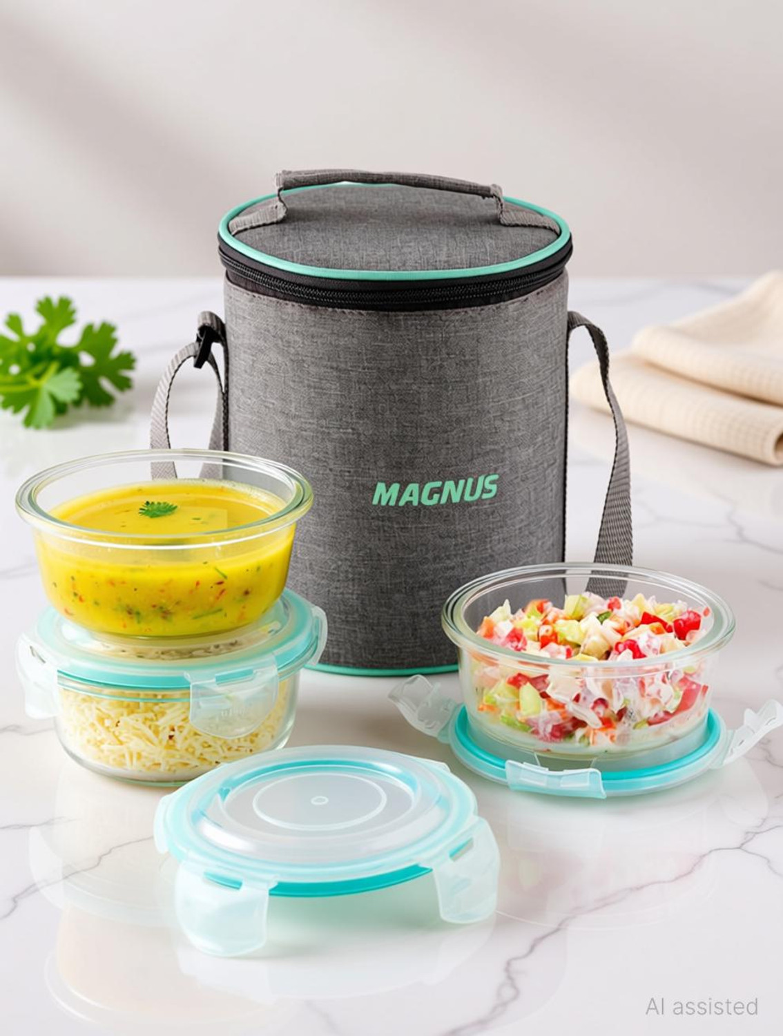 Image of Magnus Vivid Glass Lunch Box with Vertical Linen Pouch and Fixed Clip 3 Containers Glass Office Lunch Box