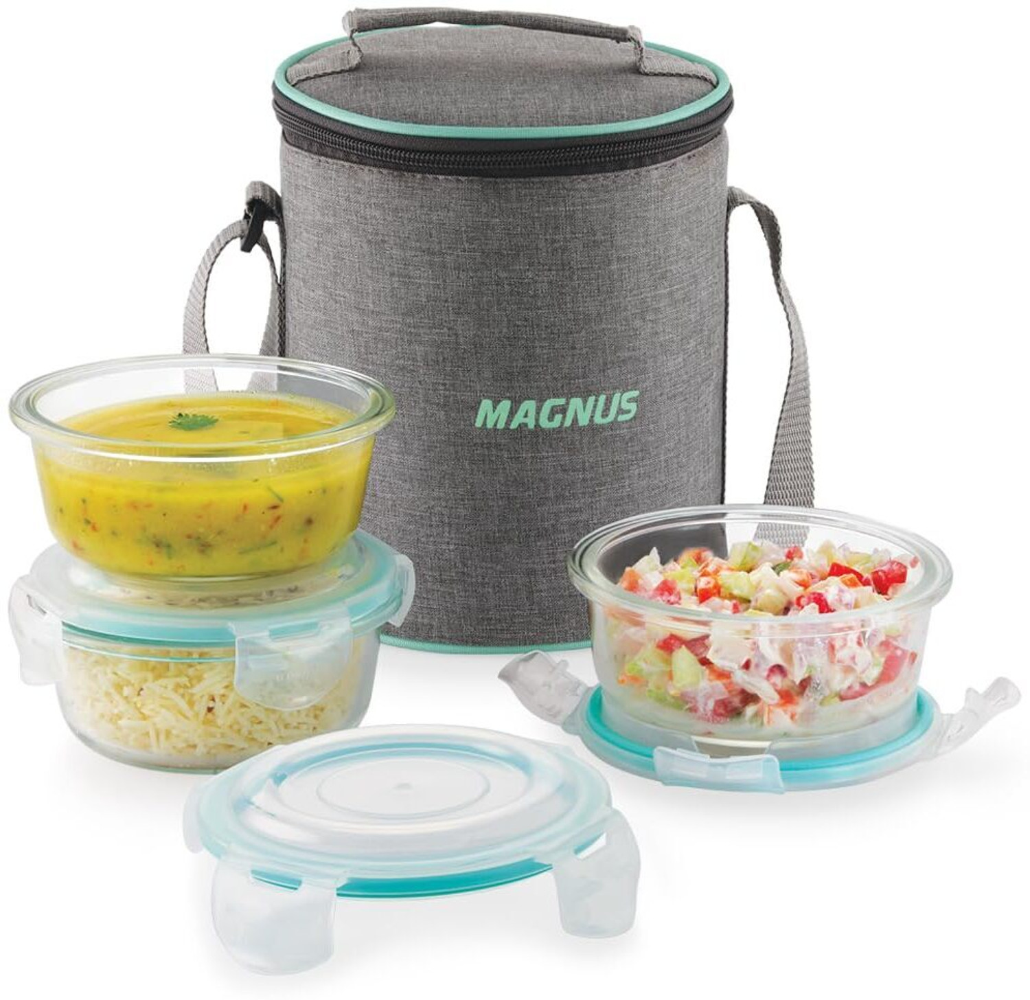 Image of Magnus Vivid Glass Lunch Box with Vertical Linen Pouch and Fixed Clip 3 Containers Glass Office Lunch Box
