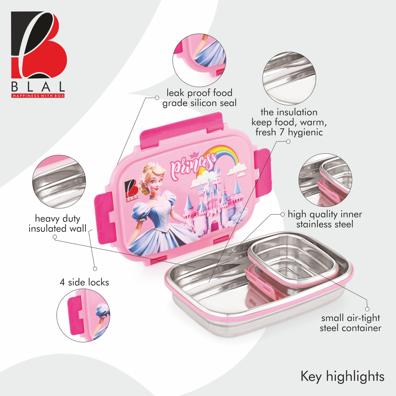 Image of BLAL PrincePink-001 2 Containers Stainless Steel College Lunch Box