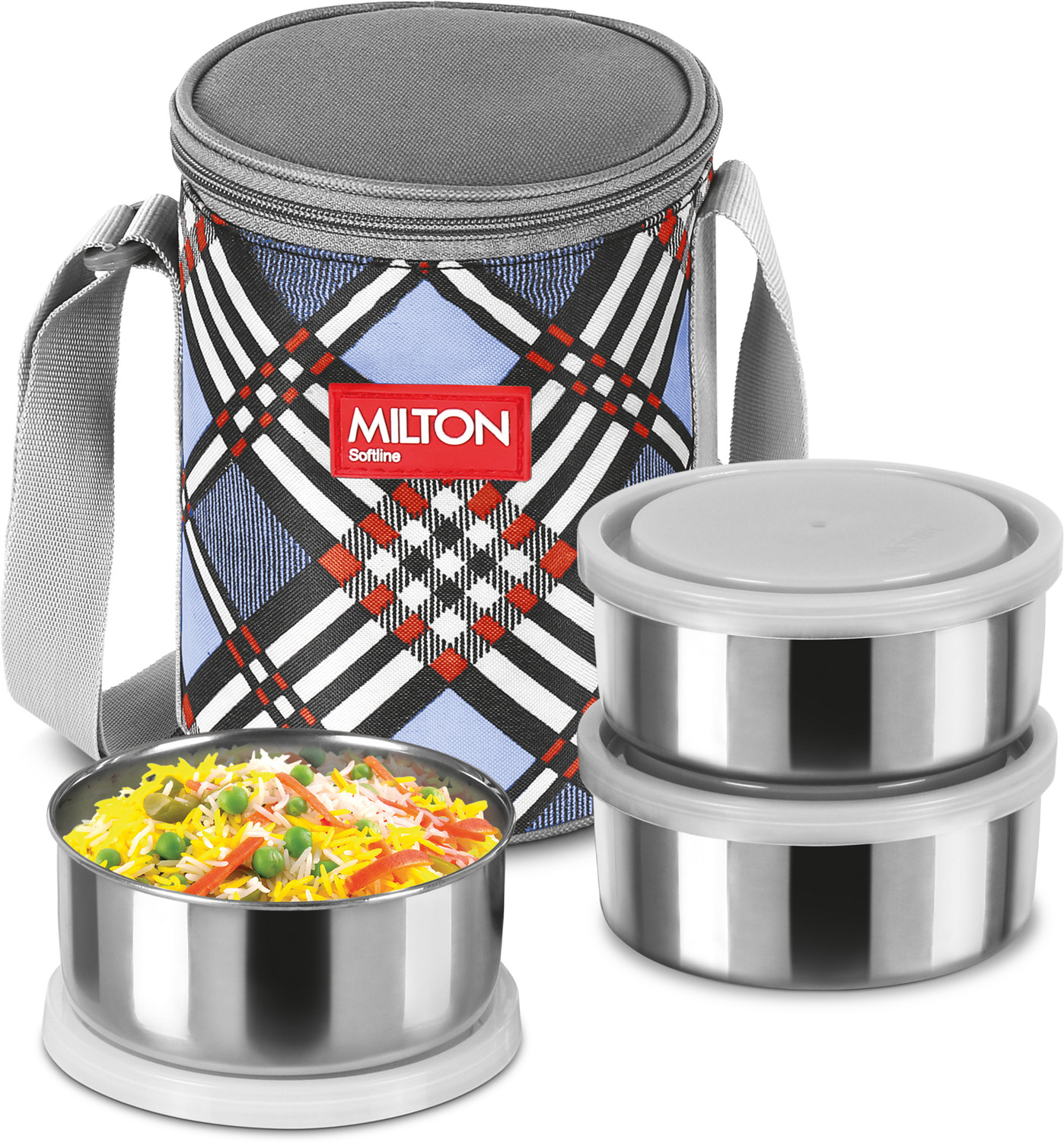 Image of MILTON Steel Treat 3 Stainless Steel Tiffin, 3 Containers, 280 Each with Jacket, Blue 3 Containers Stainless Steel Office Lunch Box