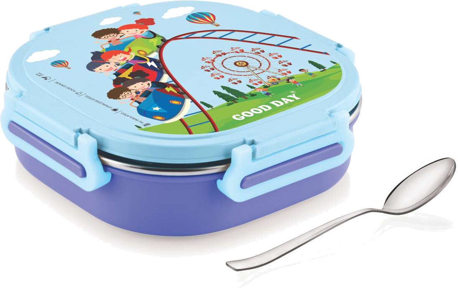Image of Good Day Donut 2 Insulated Steel Tiffin With Spoon For Kids, School 2 Containers Stainless Steel School Lunch Box