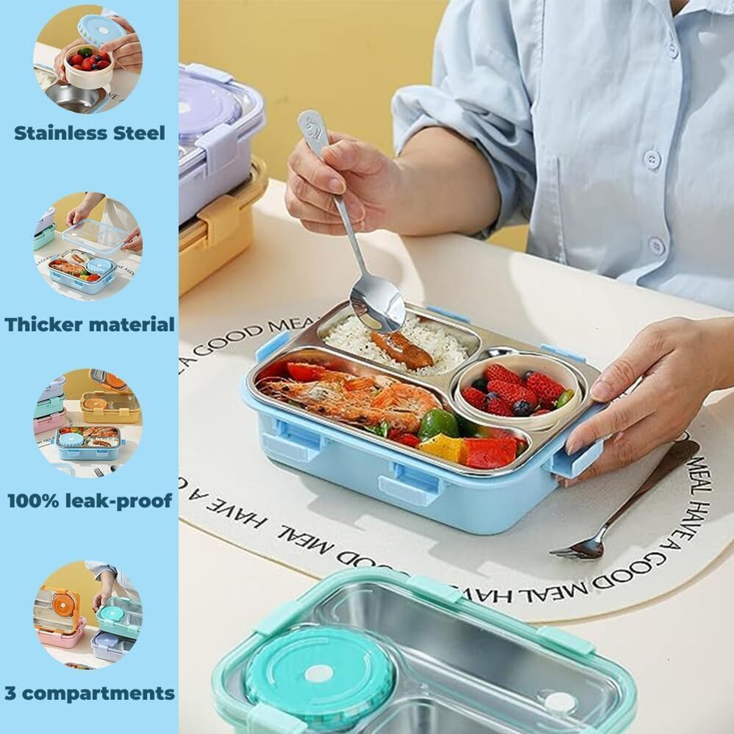 Image of RBGIIT Lunch Box with Multiple Compartments, Bowl, and Leakproof Seal 1 Containers Stainless Steel Office Lunch Box
