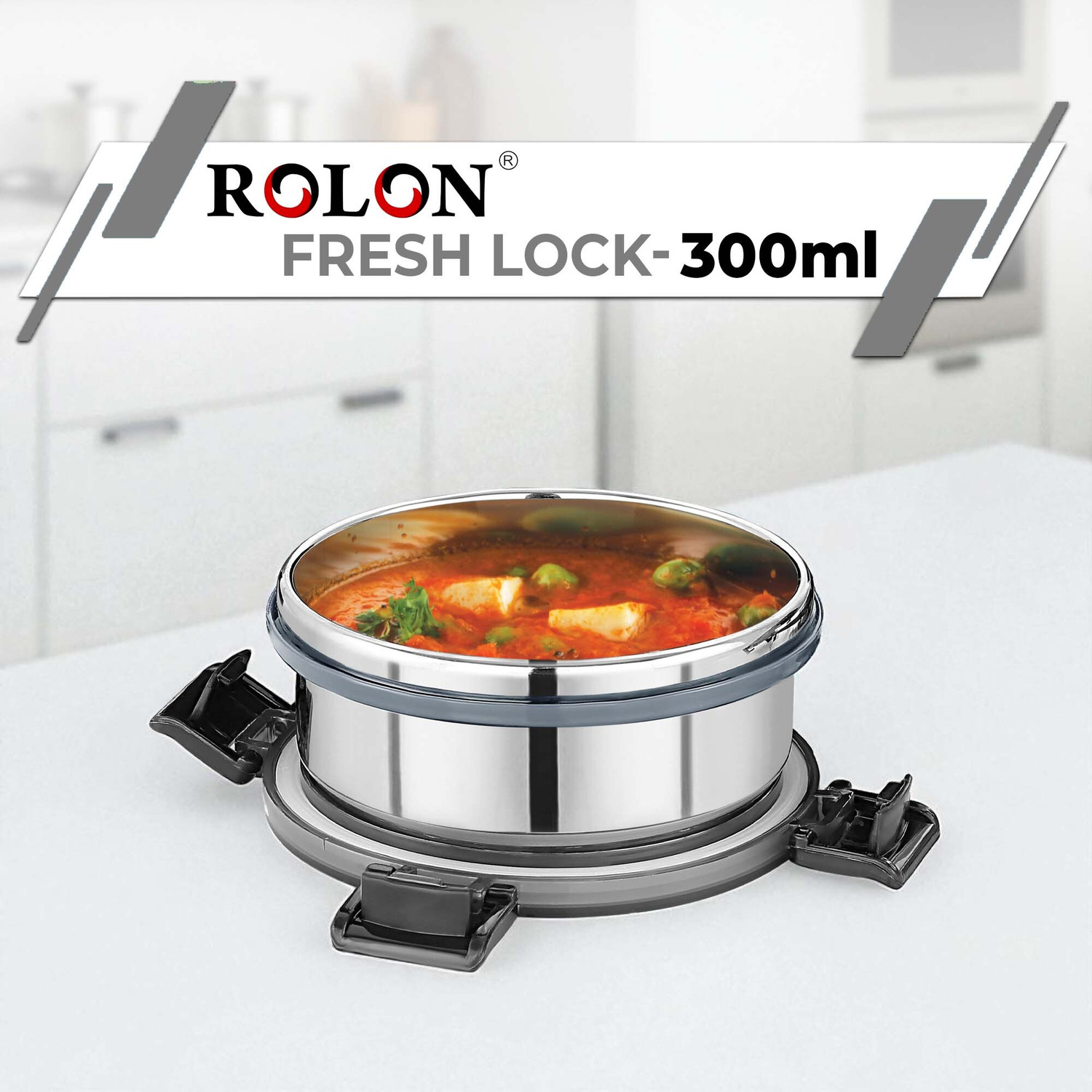 Image of ROLON FreshLock Stainless Steel Round Lunch Box with Leak-resistent Locking Lid| 1 Containers Stainless Steel College Lunch Box