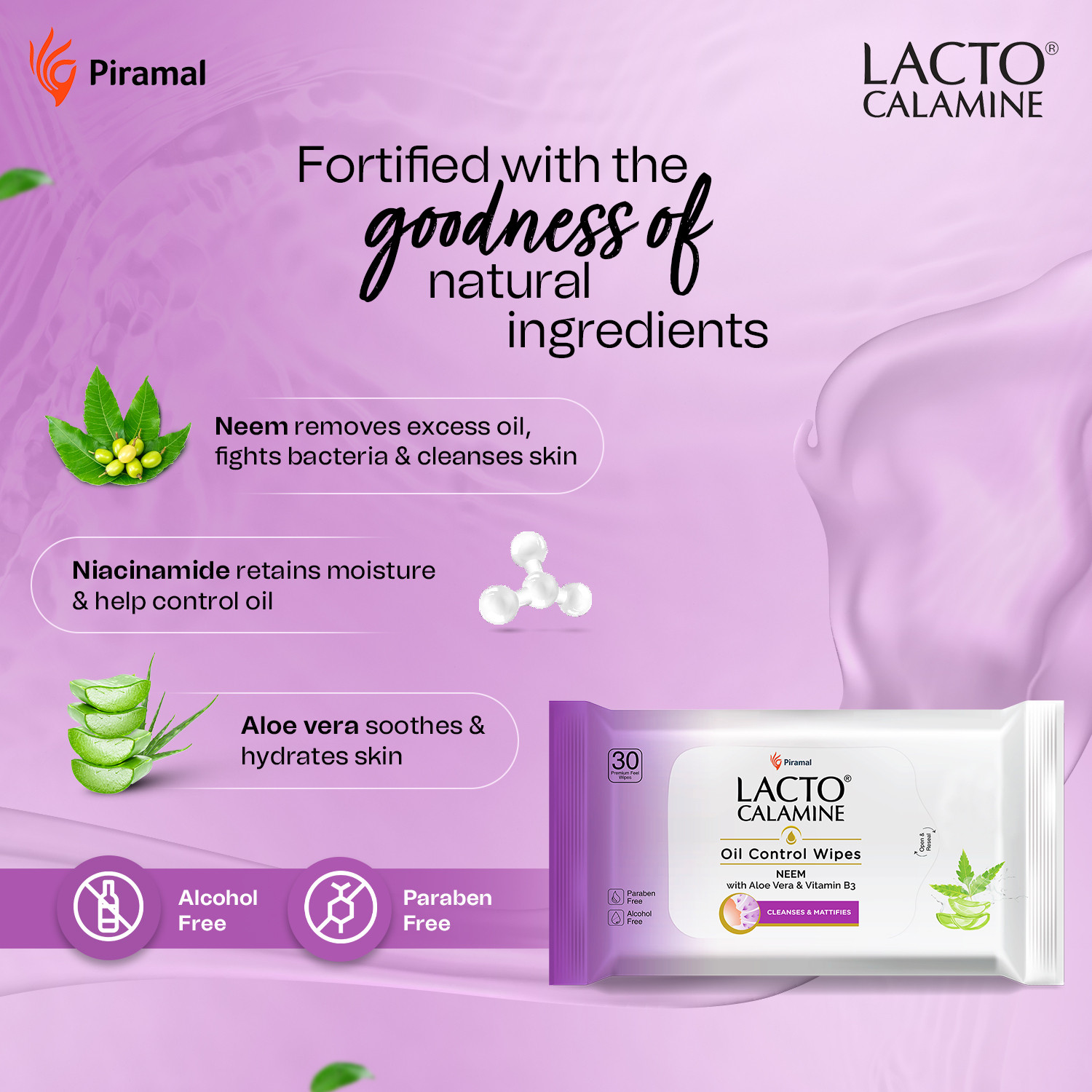 Image of Lacto Calamine Oil Control Wipes with Neem,Vitamin B3 and Aloe Vera, No Parabens Alcohol Makeup Remover