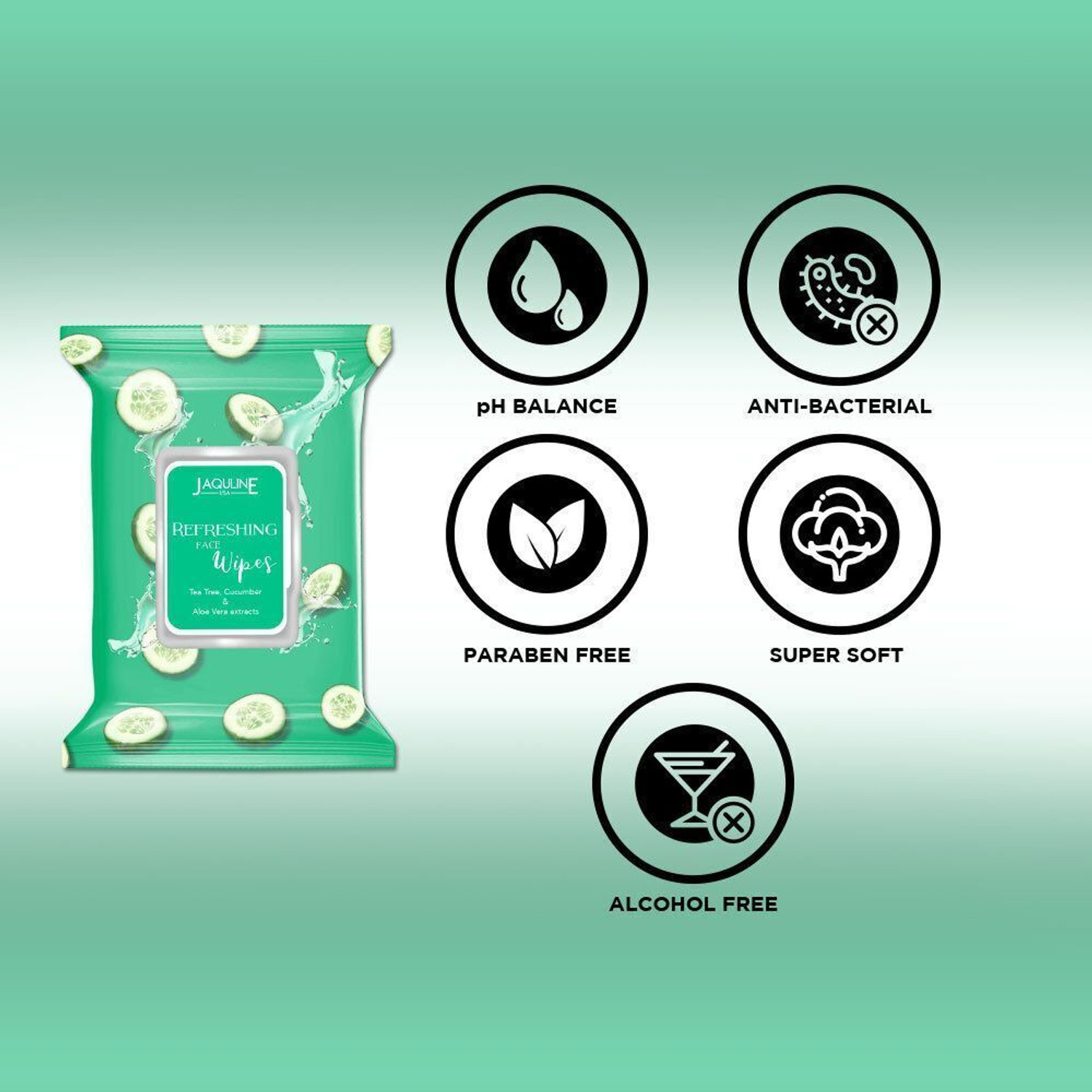 Image of JAQULINE USA Refreshing Face Wipes | Enriched with Cucumber | Hydrating | Gentle on Skin| Makeup Remover