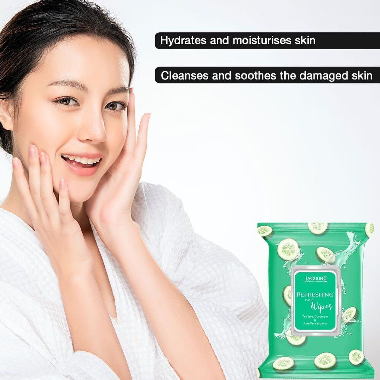 Image of JAQULINE USA Refreshing Face Wipes | Enriched with Cucumber | Hydrating | Gentle on Skin| Makeup Remover