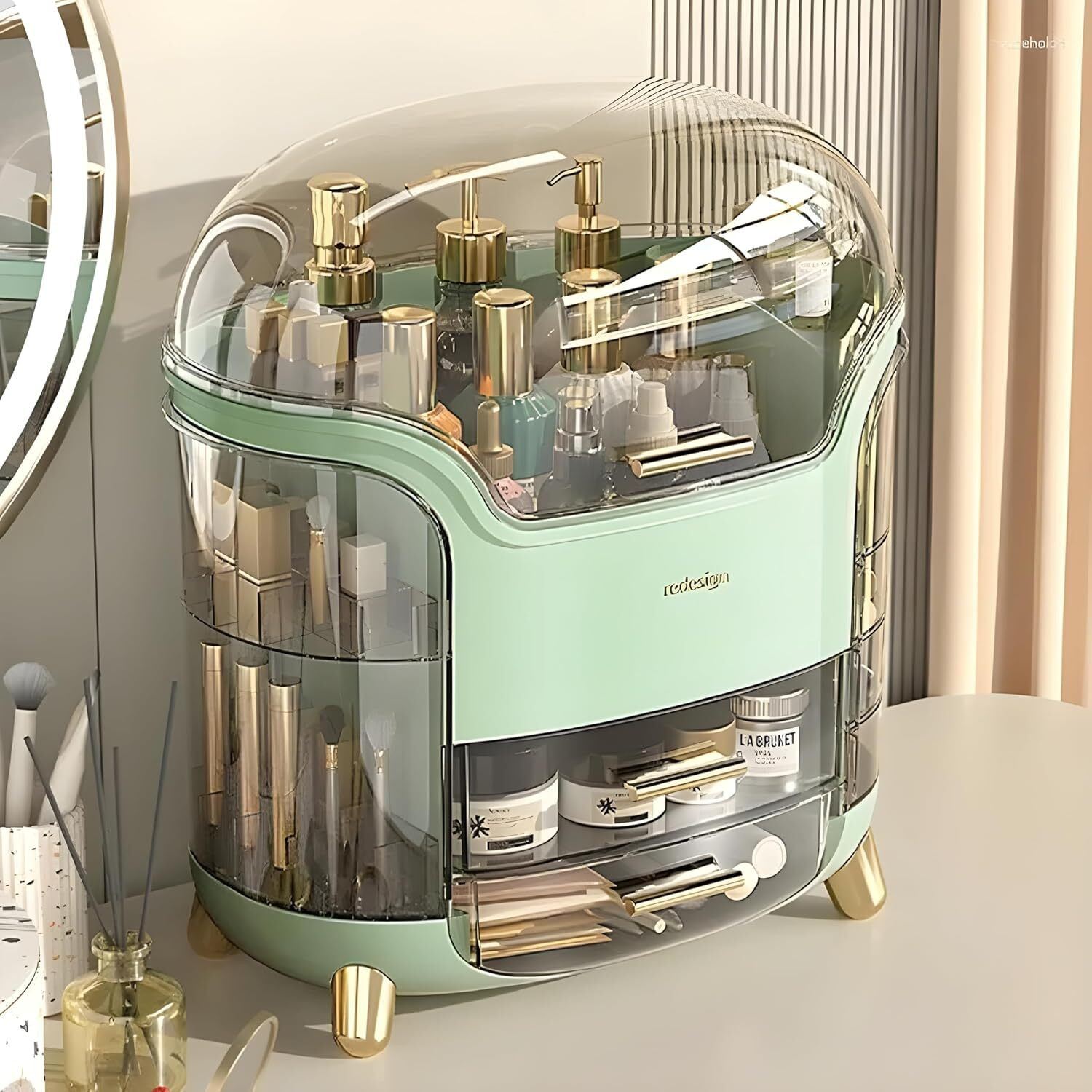 Image of JIALTO Makeup Organizer Box 3 Drawers Dustproof Cosmetic Storage Case Green Cosmetic Organizer Vanity Box
