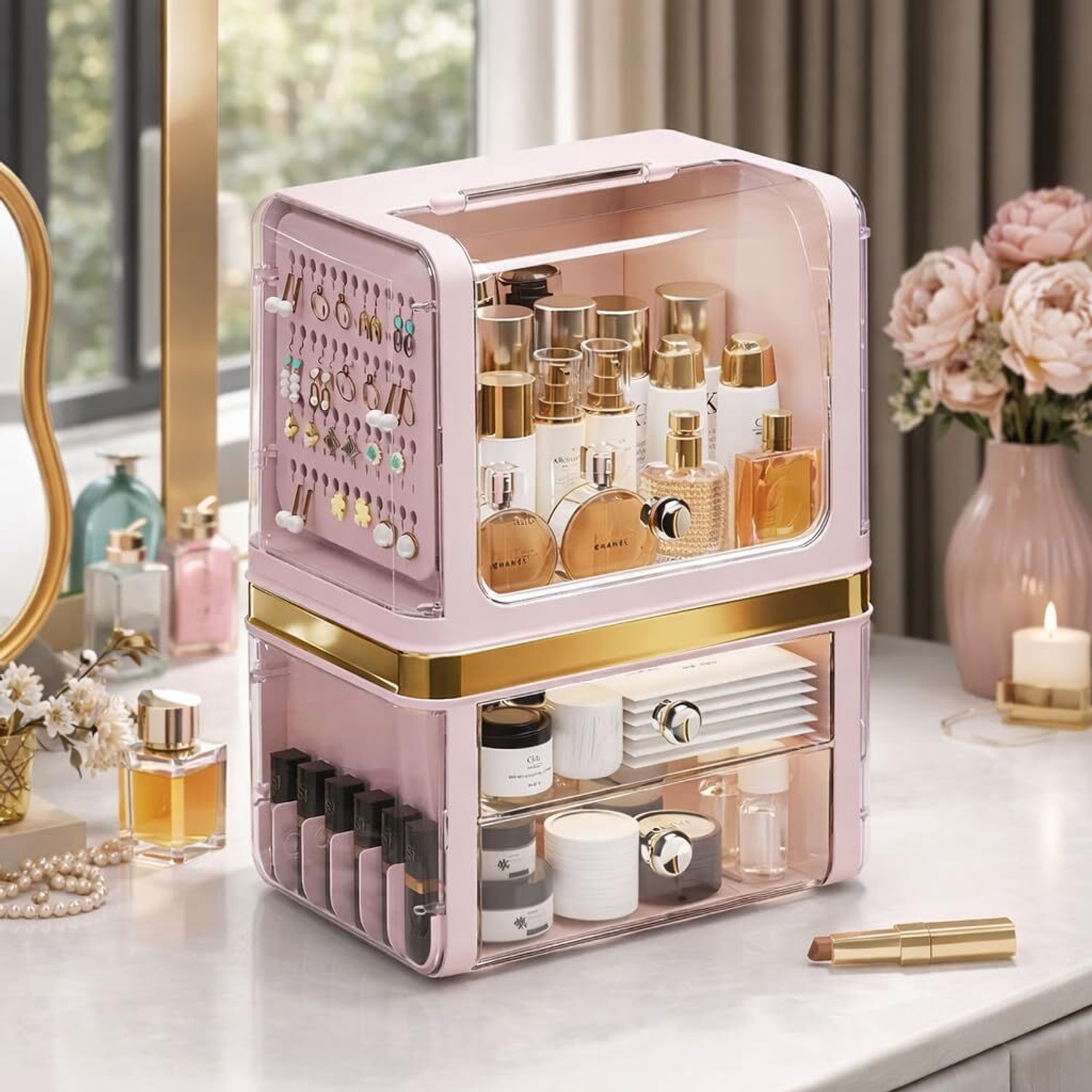 Image of JIALTO Big Makeup Organizer Cabinet with Door Drawer Vanity Storage Box Cosmetic Organizer Vanity Box