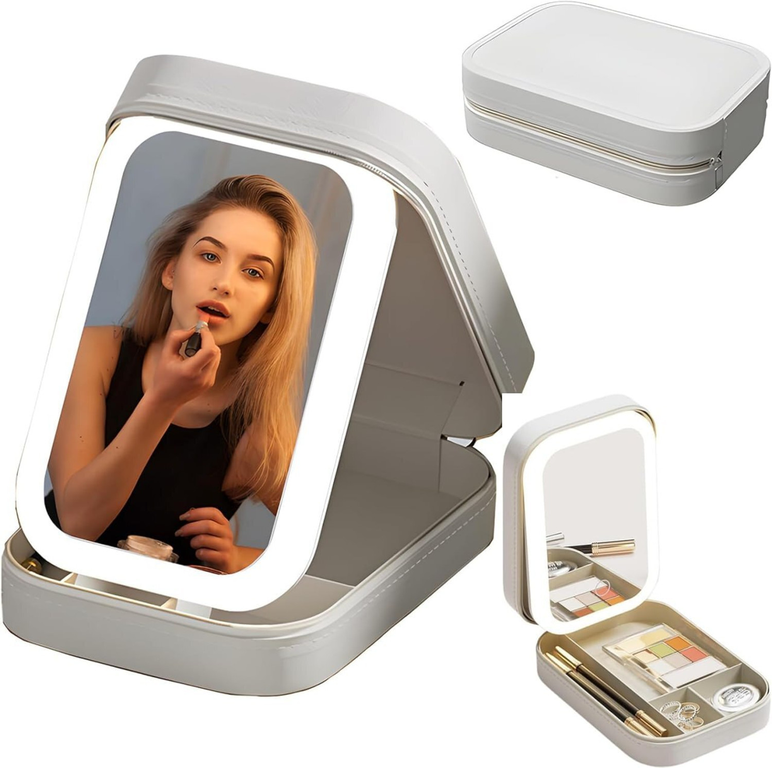 Image of K Gor Luxury LED Makeup Mirror Jewelry Organizer Cosmetic Storage Box Vanity Case Travel Friendly Vanity Box