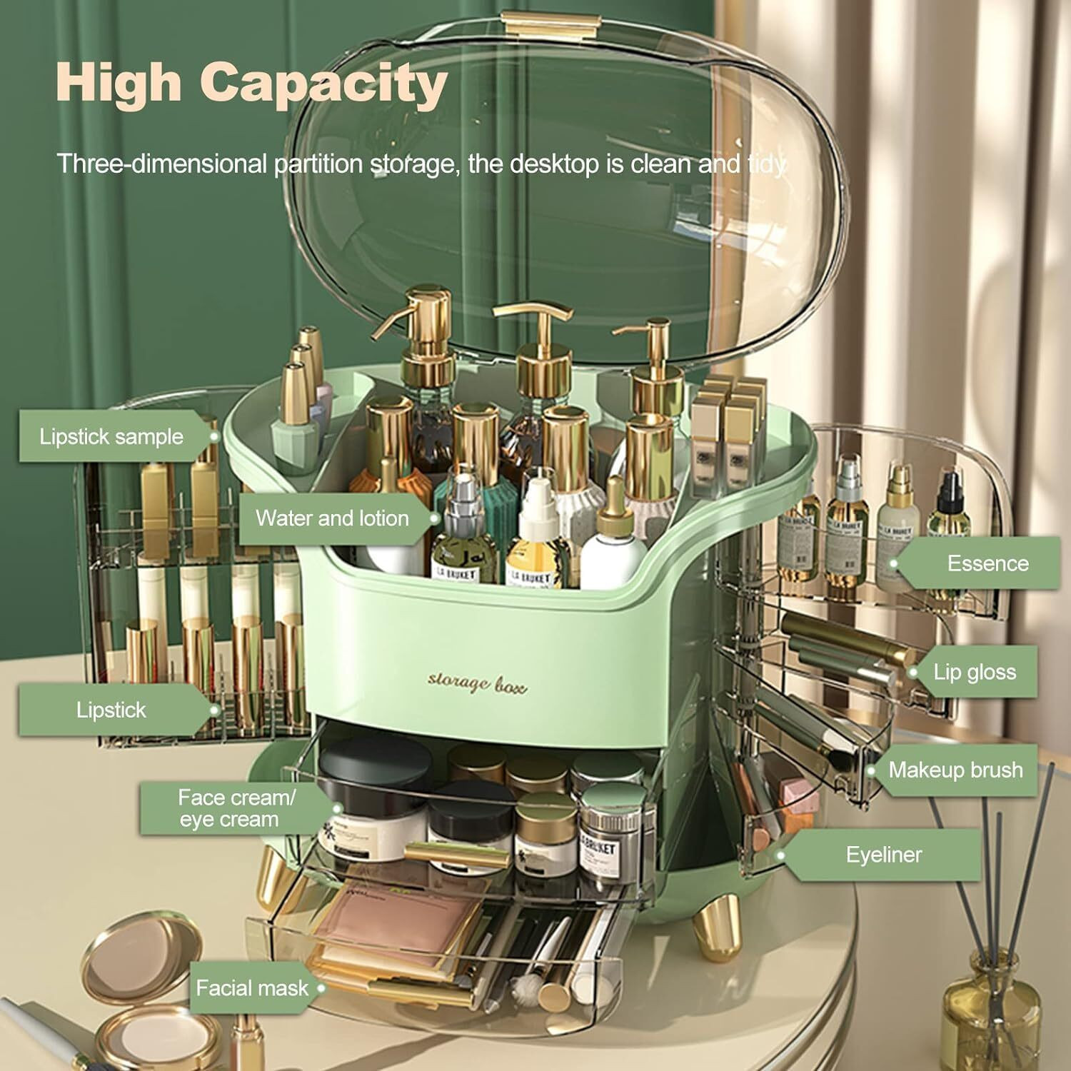 Image of JIALTO Makeup Organizer Box 3 Drawers Dustproof Cosmetic Storage Case Green Cosmetic Organizer Vanity Box