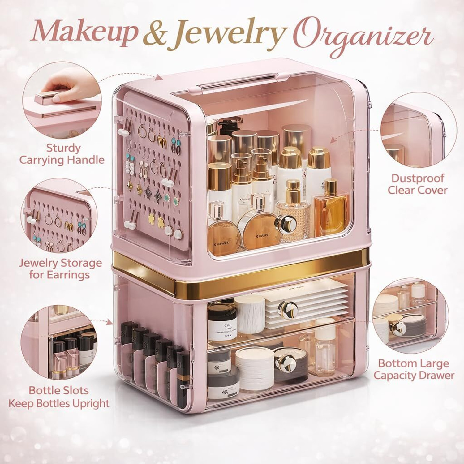 Image of JIALTO Big Makeup Organizer Cabinet with Door Drawer Vanity Storage Box Cosmetic Organizer Vanity Box