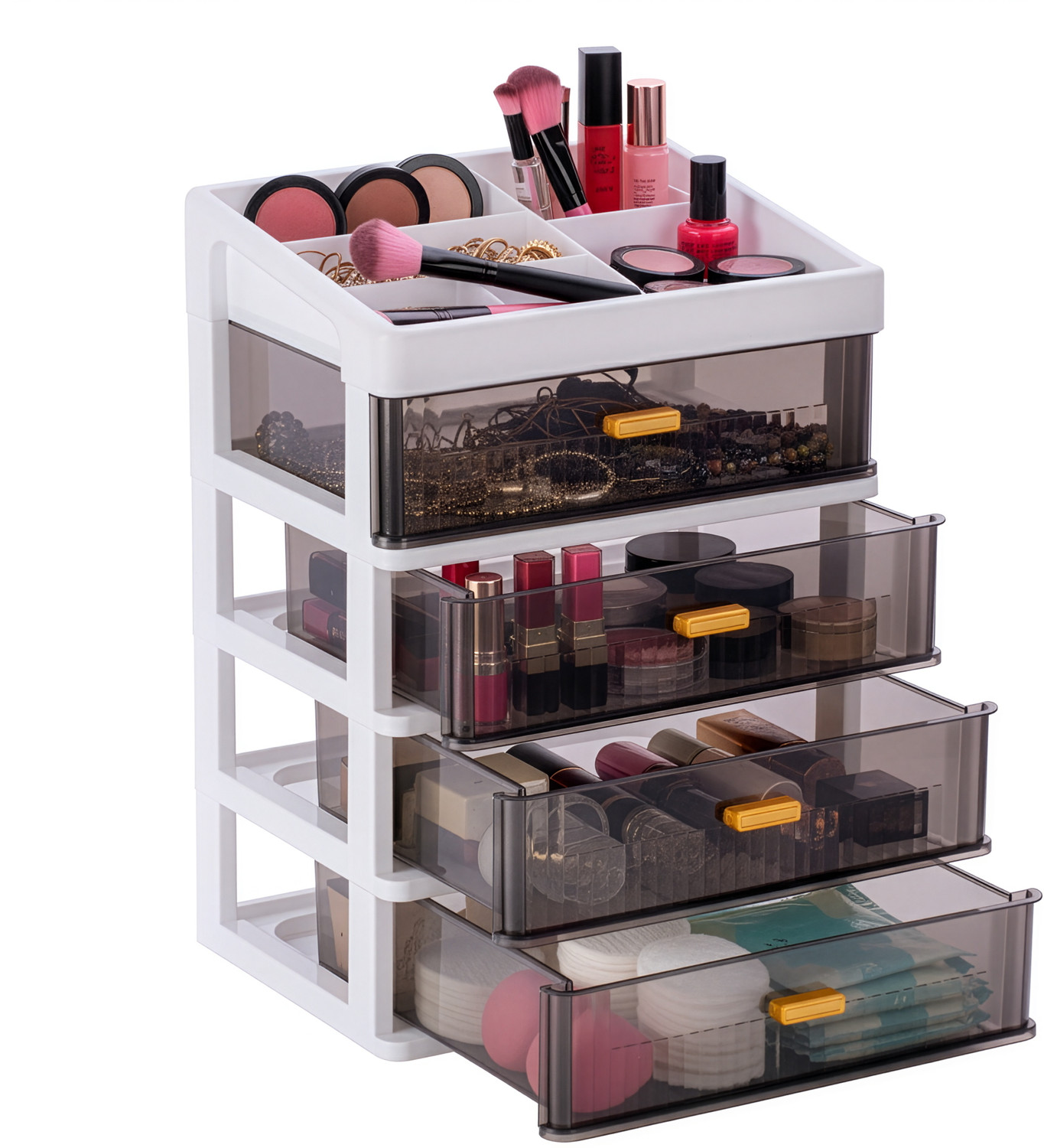 Image of KITCHMAX Organizer Plastic Storage Box with Sliding Drawer for Cosmetics and Jewellery 4 Compartment Vanity Box