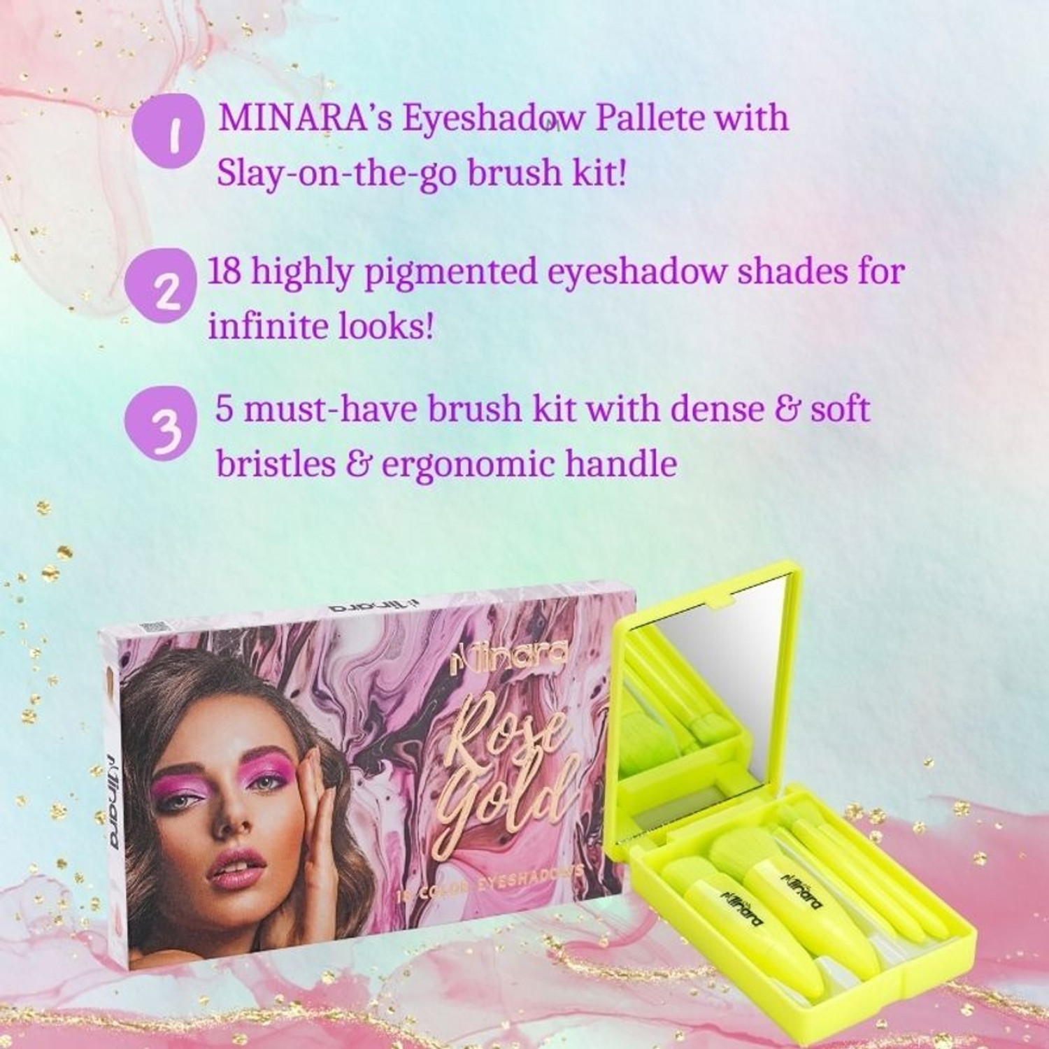 Image of MINARA All in one Makeup Kit 18 color Eyeshadow (Rose) with 5 Makeup Brushes (Green)