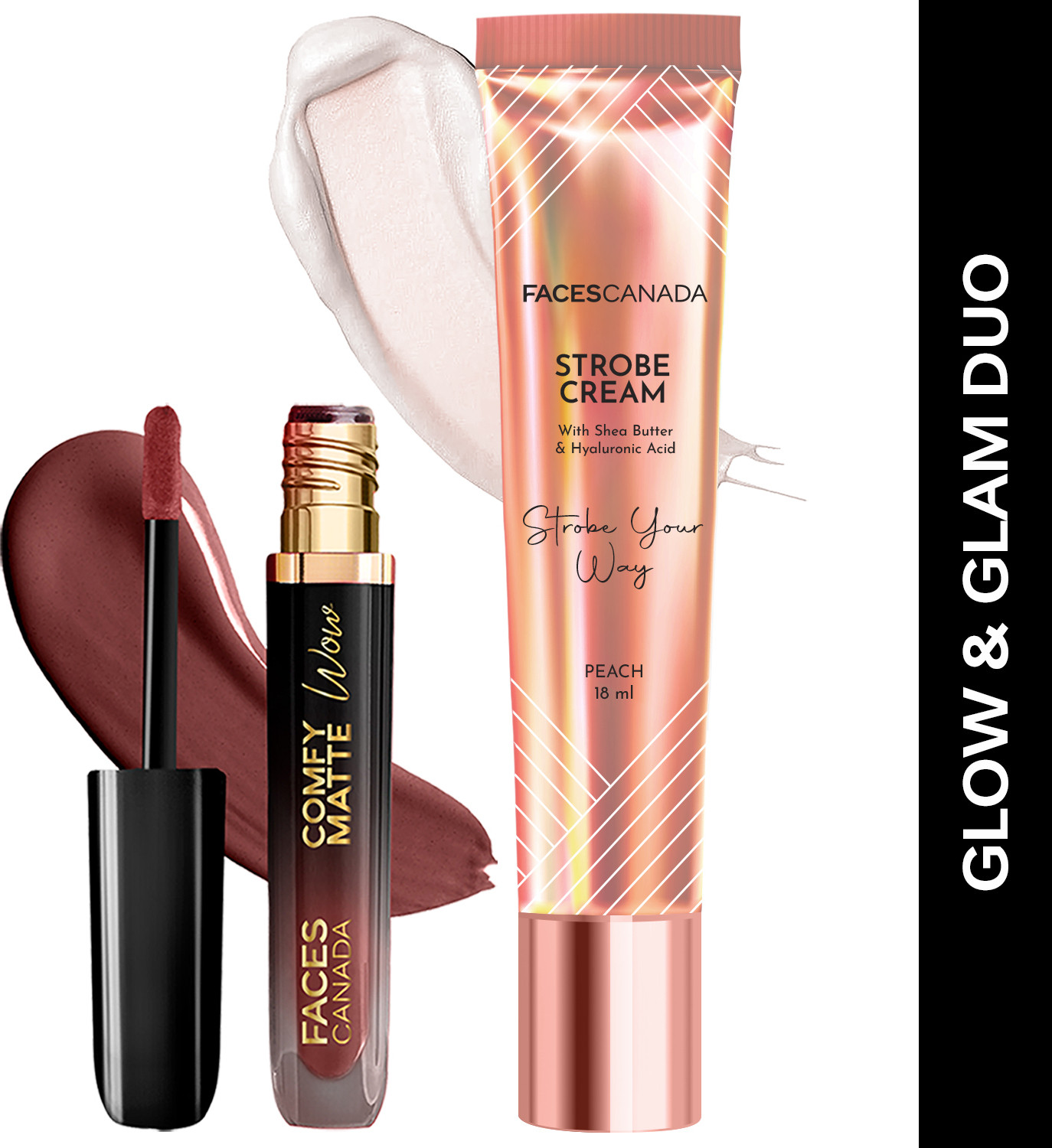 Image of FACES CANADA Glow & Glam Duo: Comfy Matte Wow Liquid Lipstick 3.8ml + Strobe Cream Mini 18ml