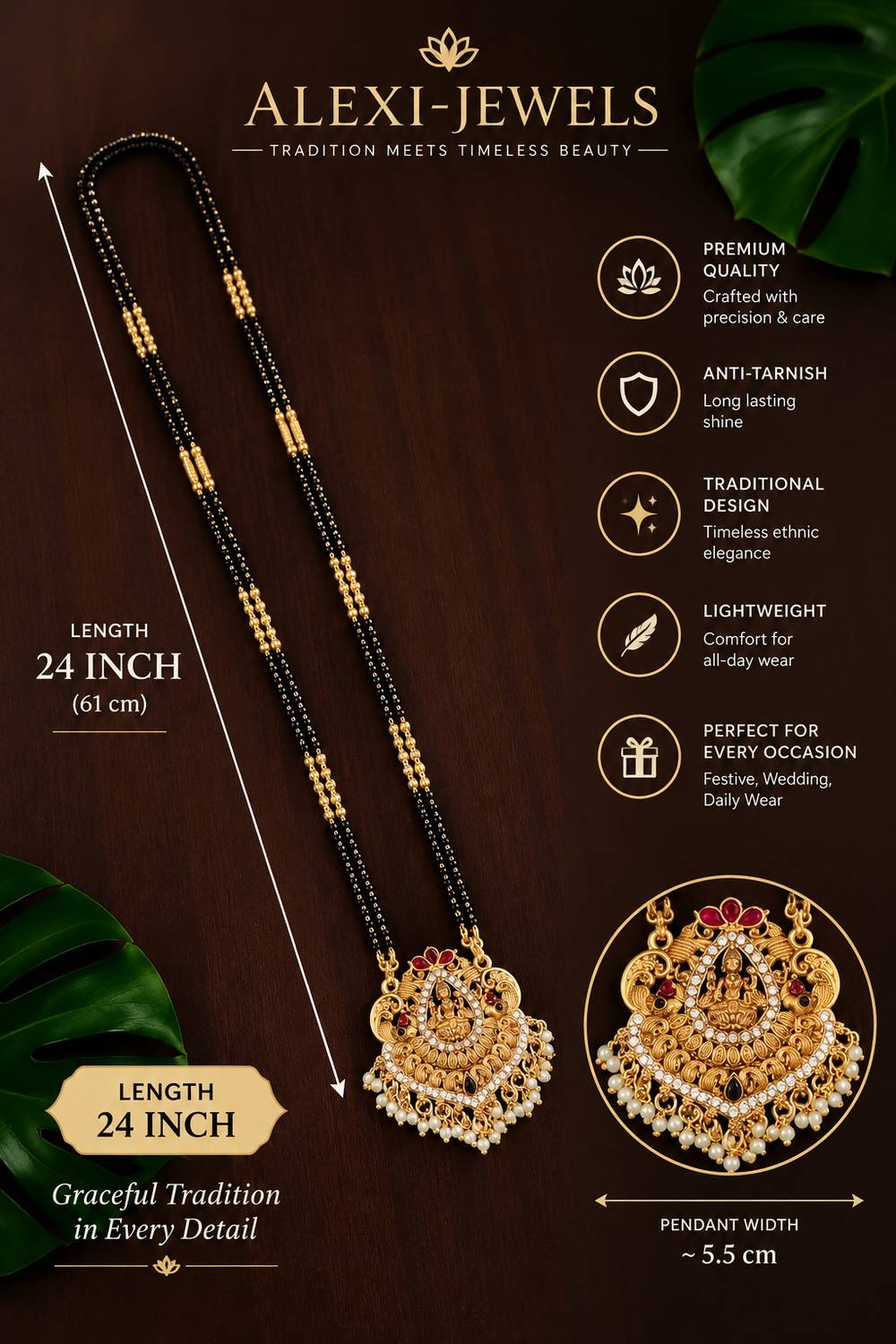 ALEXIJEWELS 24''Ashtalakshmi Mangalsutram Black Beads Long chain Pendant for women & Girls Brass Mangalsutra